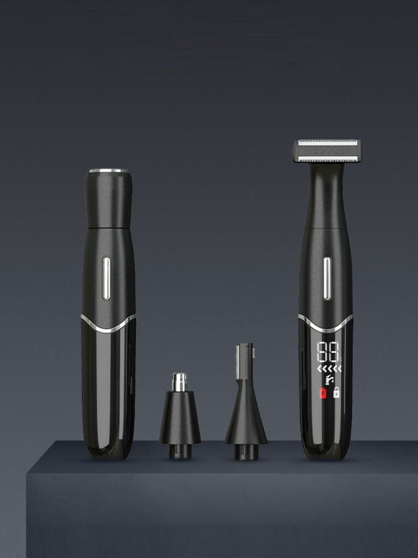 Black multifunction hair epilator set with two devices and three detachable heads