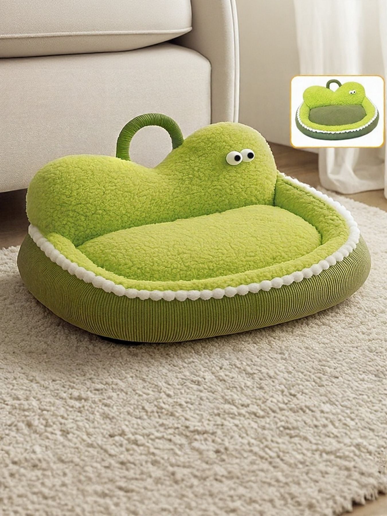 Cartoon cozy pet nest in grass green with plush lining and side handle