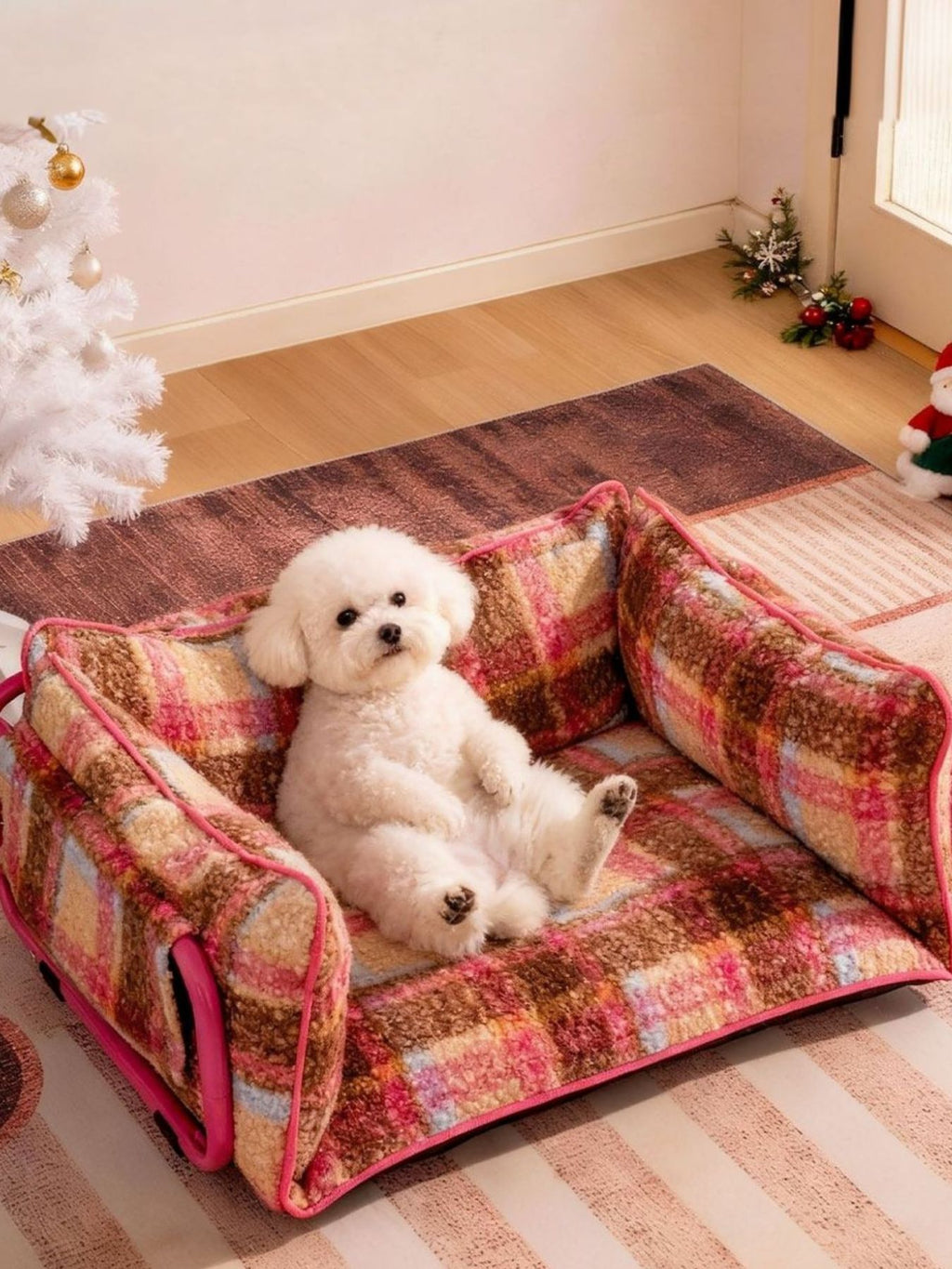 Plüsch-Pet-Sofa mit Karomuster, pinken Einfassungen und weicher Sitzfläche