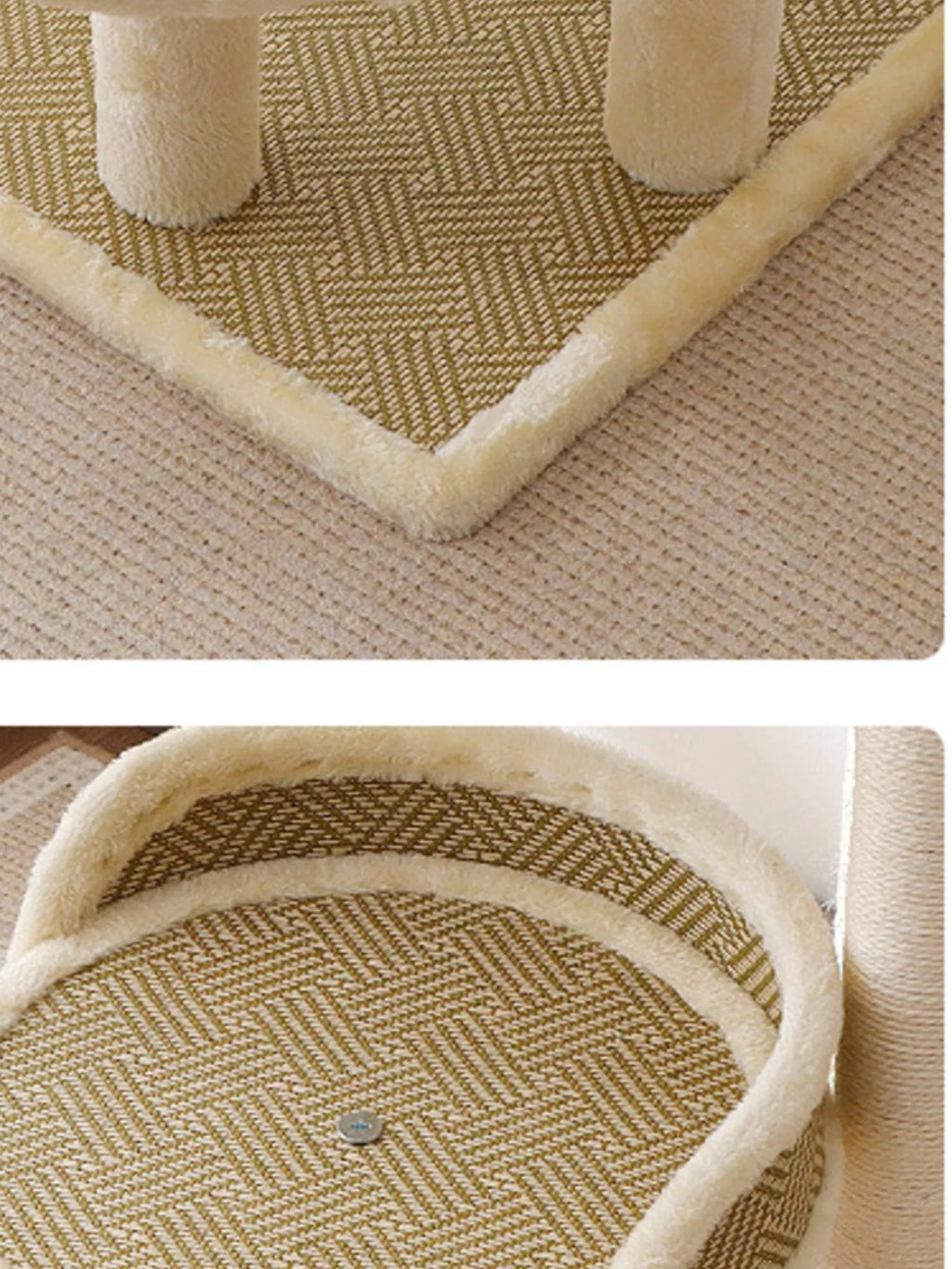 Close-up of circular sisal scratching pads on plush cat tree, with stitched fabric edges