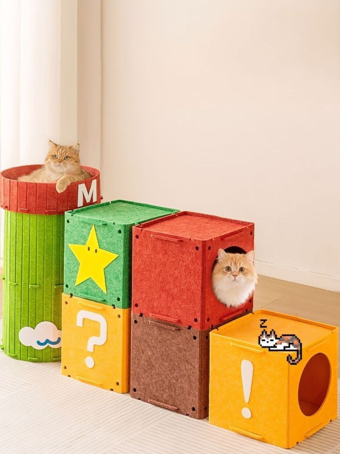 Cube cat tunnel set in green, red, and yellow blocks with round cat openings