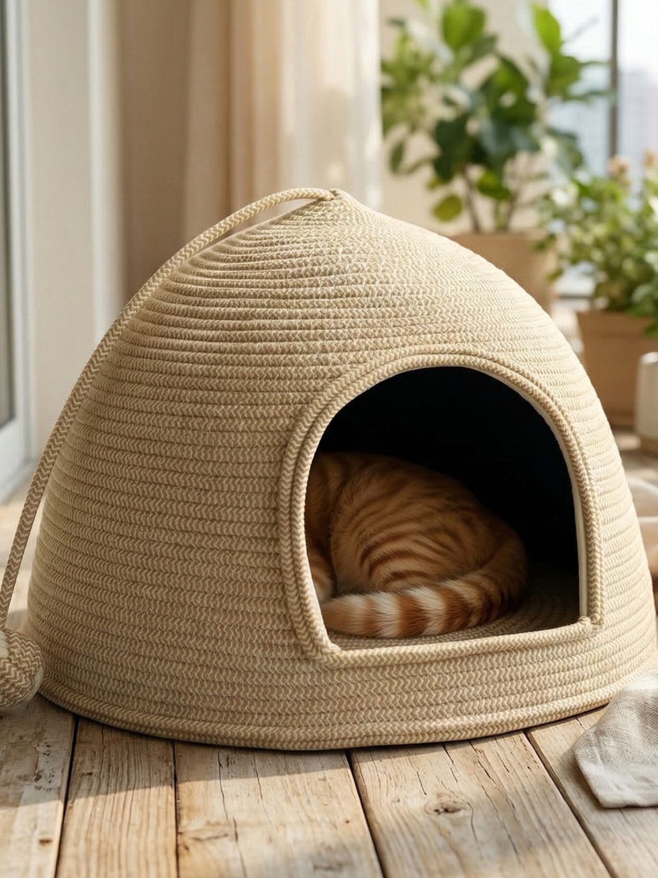 Cream rope dome pet nest with dark interior, cat curled inside opening