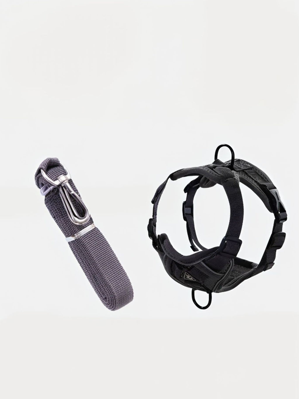 Dark gray harness and leash set, mesh-style padding and metal rings
