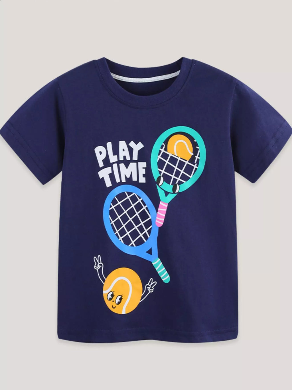 Dark navy children's crew-neck T-shirt, full front tennis 'Play Time' print