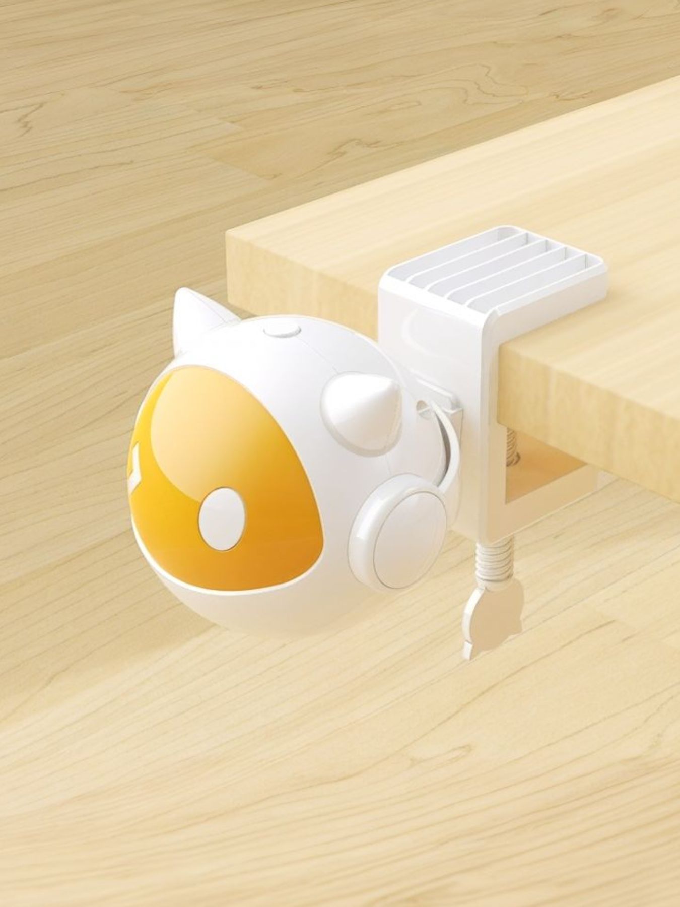 Gold-and-white egg cat teaser toy with ear details and round side panels