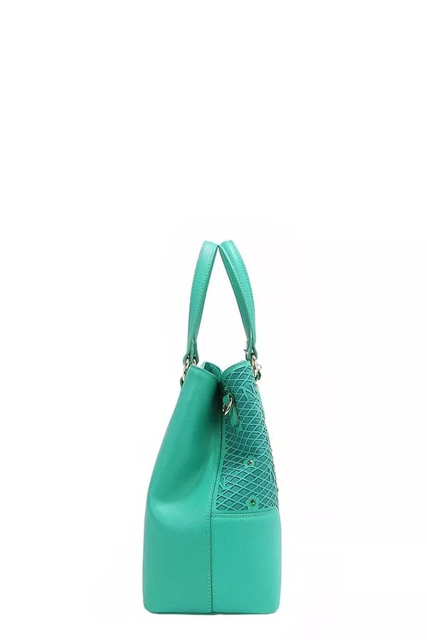 Emerald green monogram handbag side view with structured shape and top handles