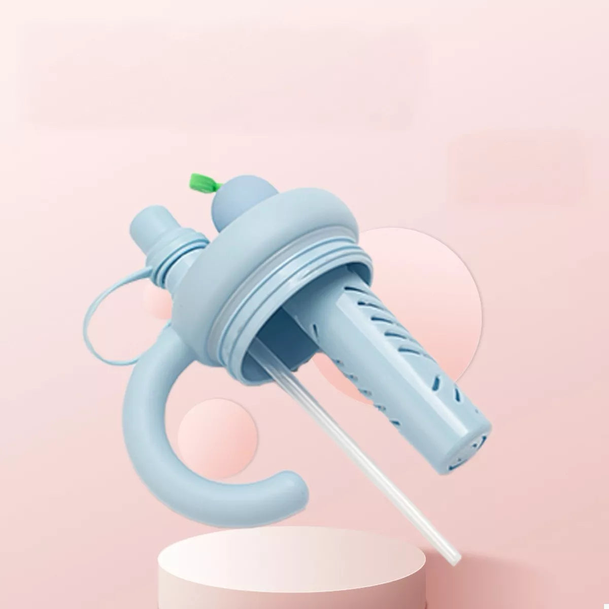 Light blue cartoon water bottle, straw and handle, shown tilted