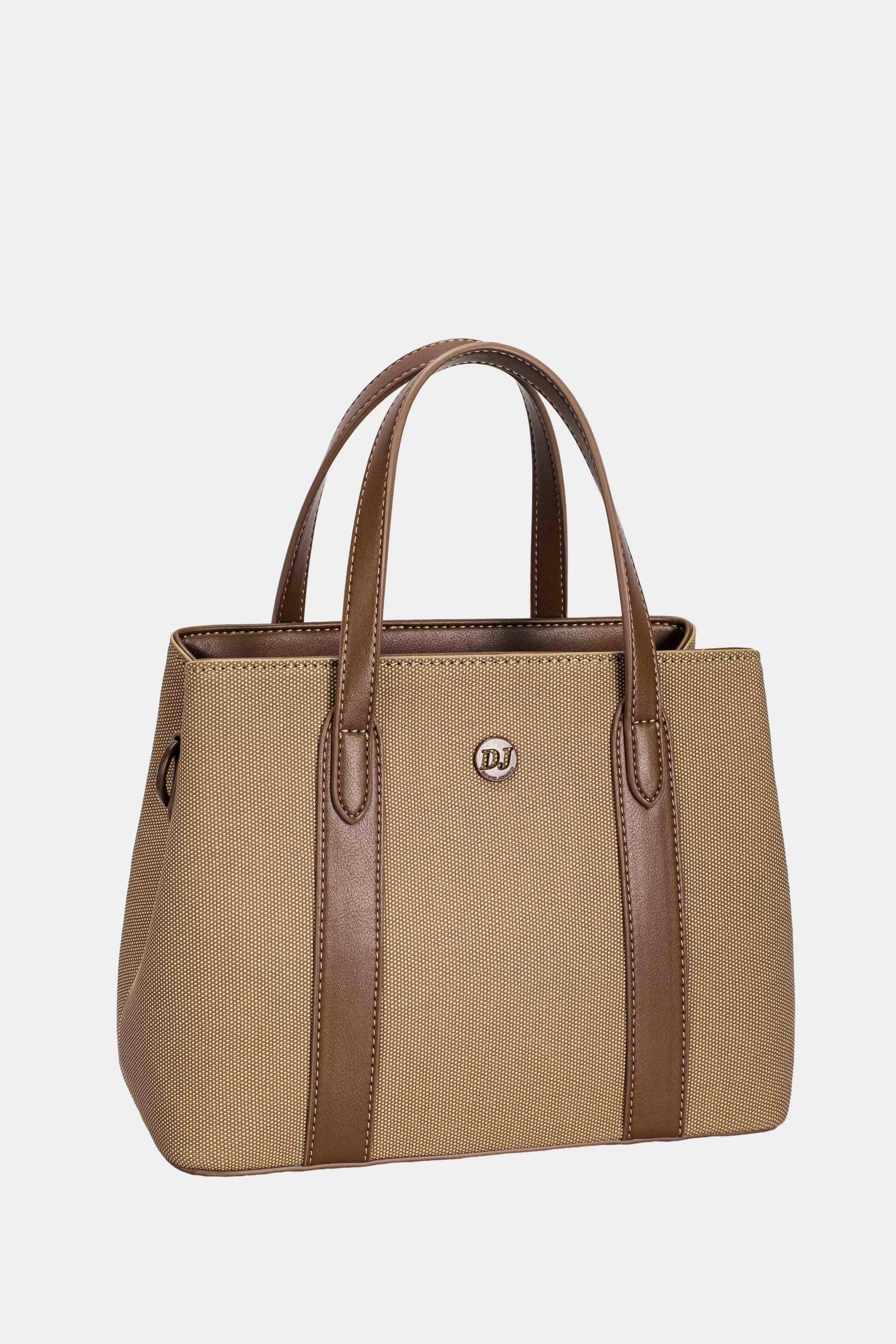 Cocoa brown canvas handbag with leather trim, front side pocket and logo emblem