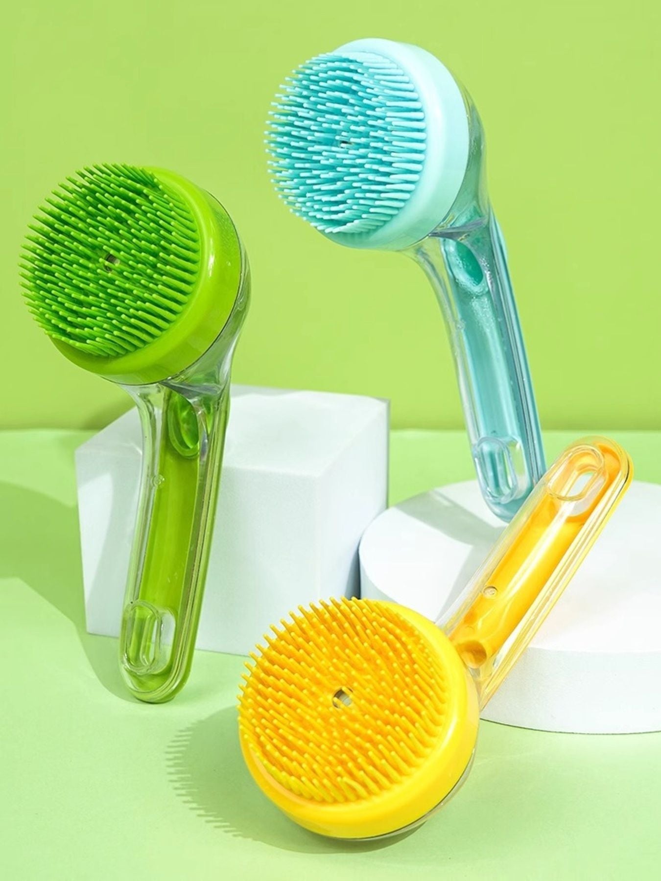 Soft Pet Shower Brush set: green, teal, and yellow round heads with clear handles