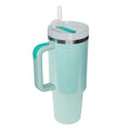 Aqua stainless steel tumbler with handle and straw, silver lid