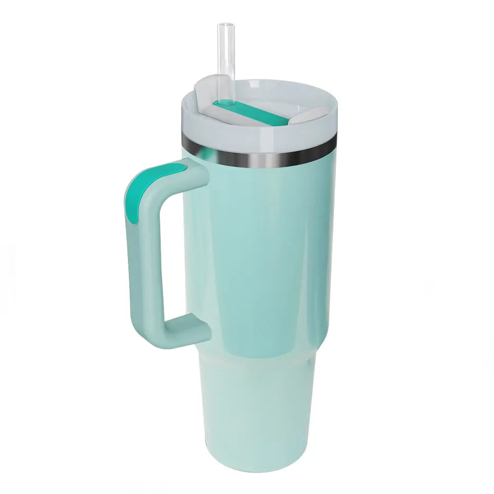Aqua stainless steel tumbler with handle and straw, silver lid
