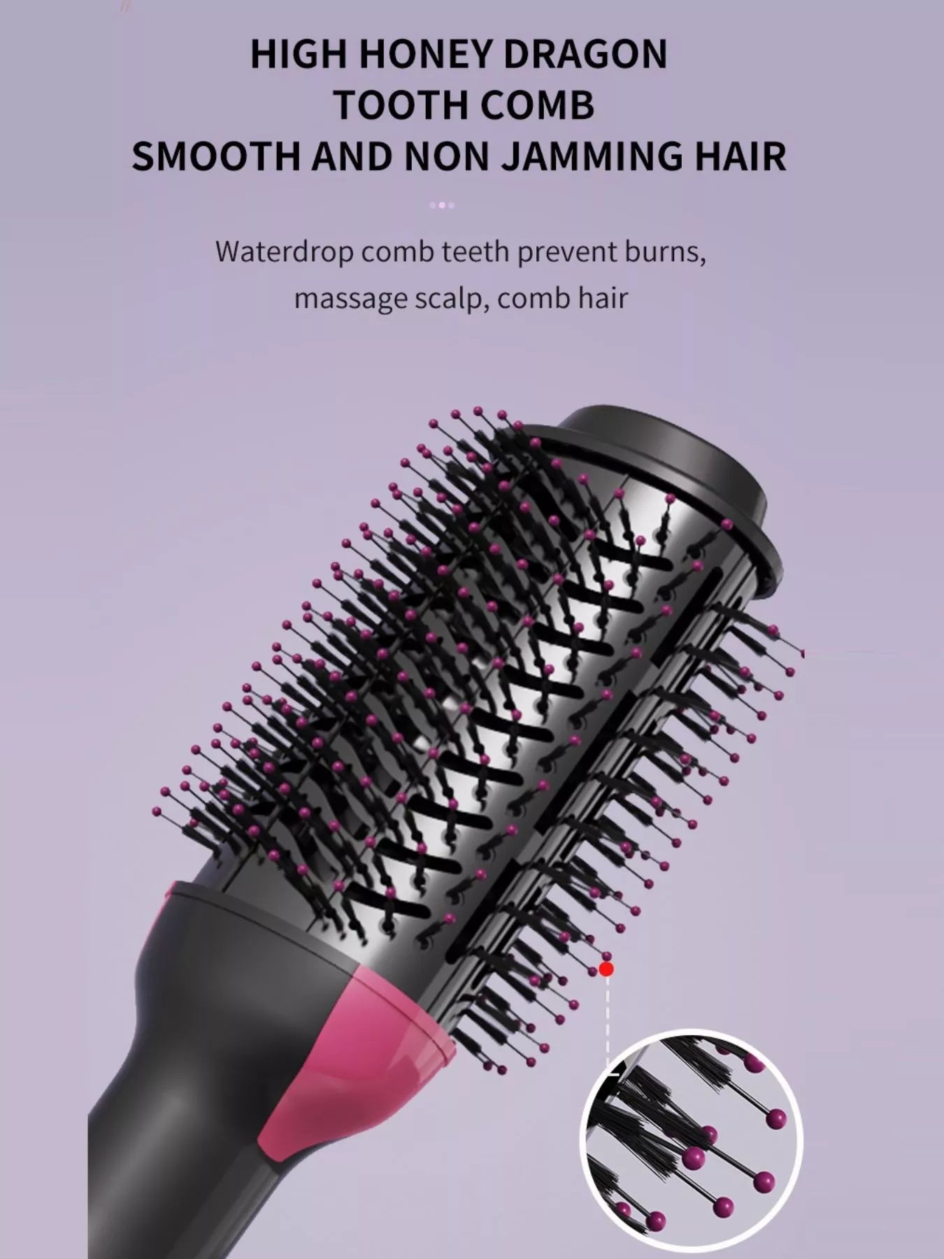 Schwarze Heißluft-Glättbürste mit rosa Gehäuse und flexiblen Borstenbündeln