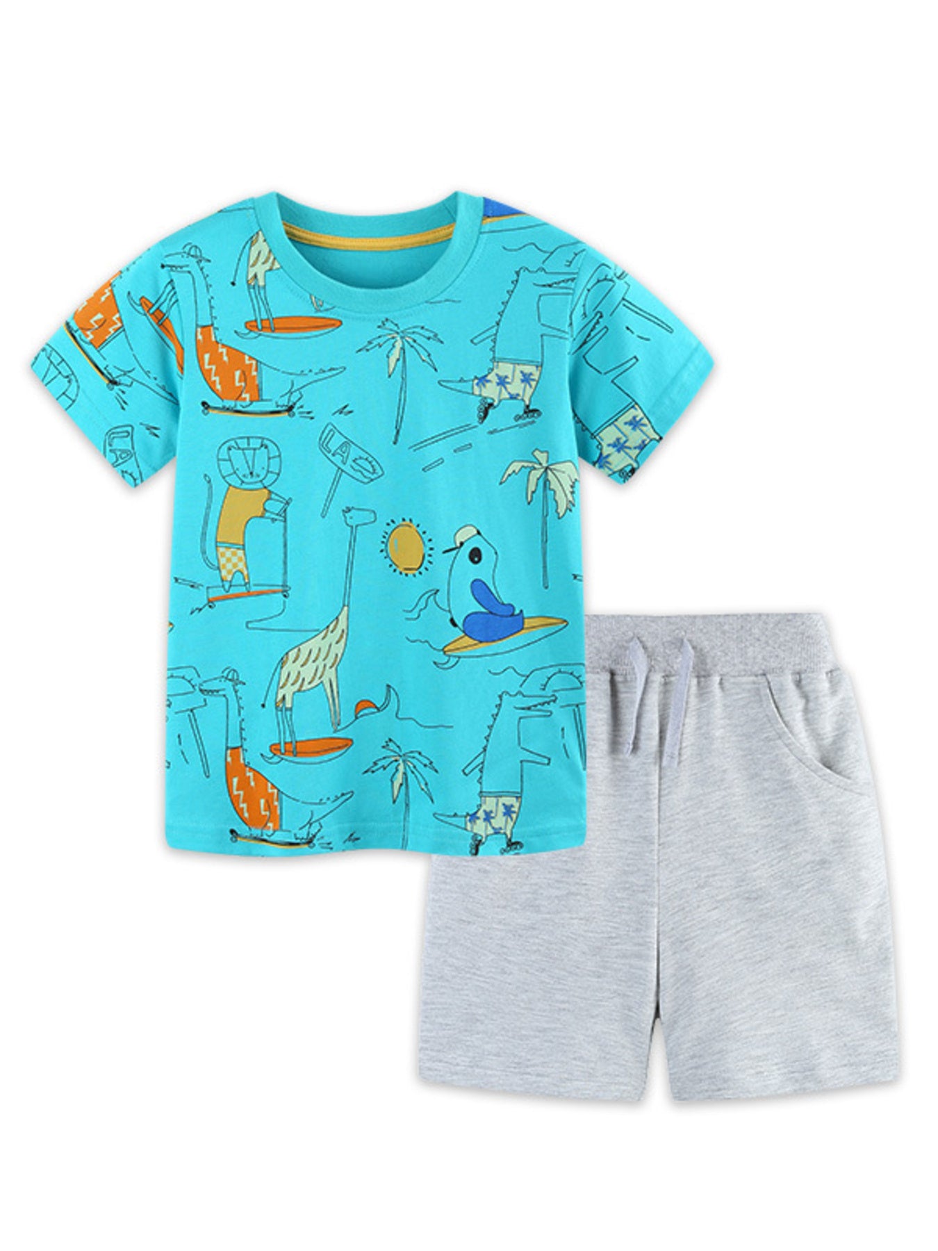 Aqua graphic animal-print T-shirt paired with light gray pull-on shorts