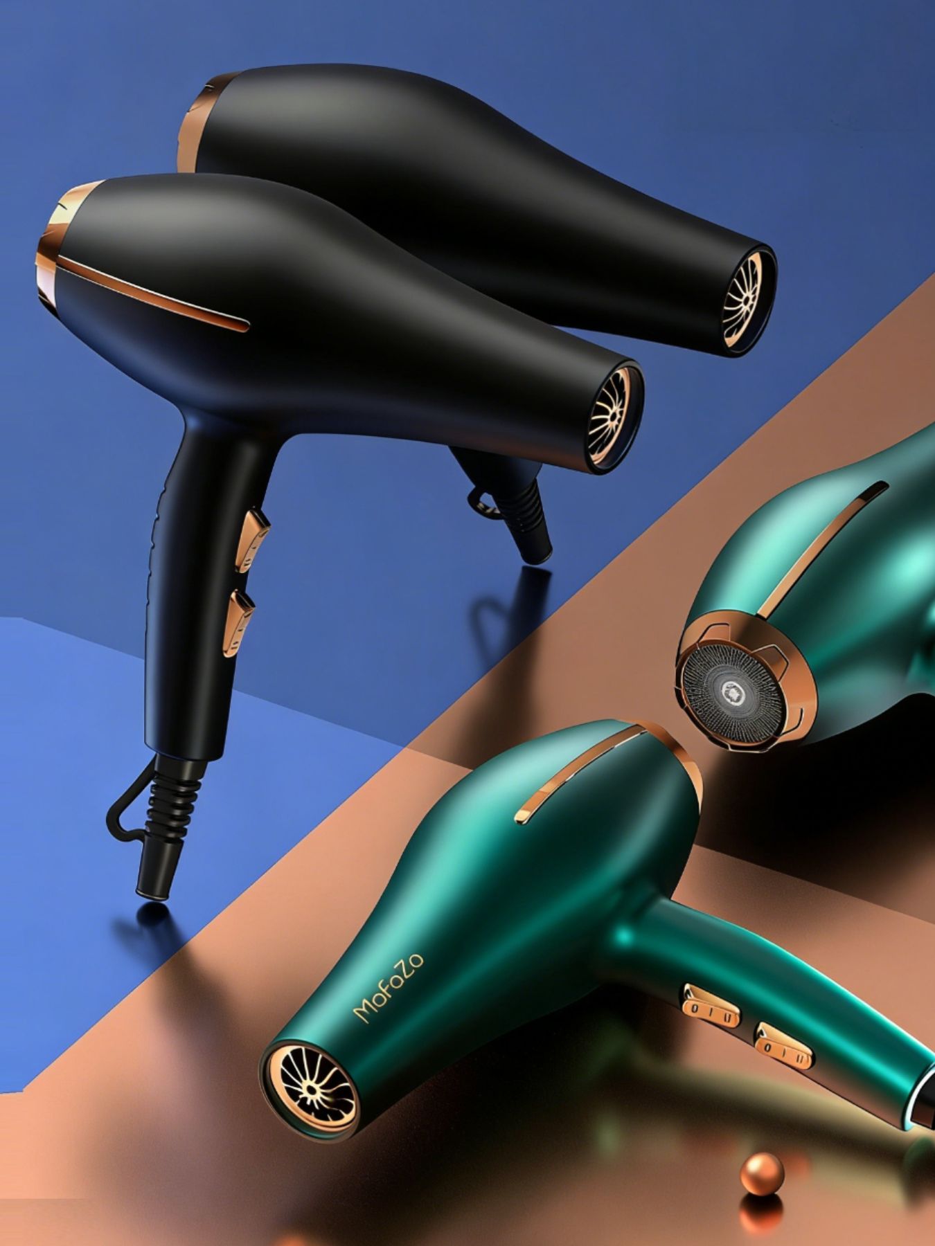 Adjustable temperature hair dryer, schwarzes Modell mit goldfarbenem Rand am Luftauslass