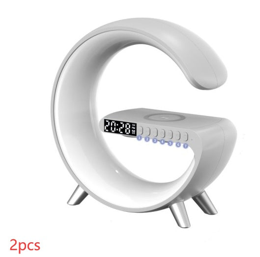 G-shaped LED lamp with Bluetooth speaker and digital clock, white base, 2-pack
