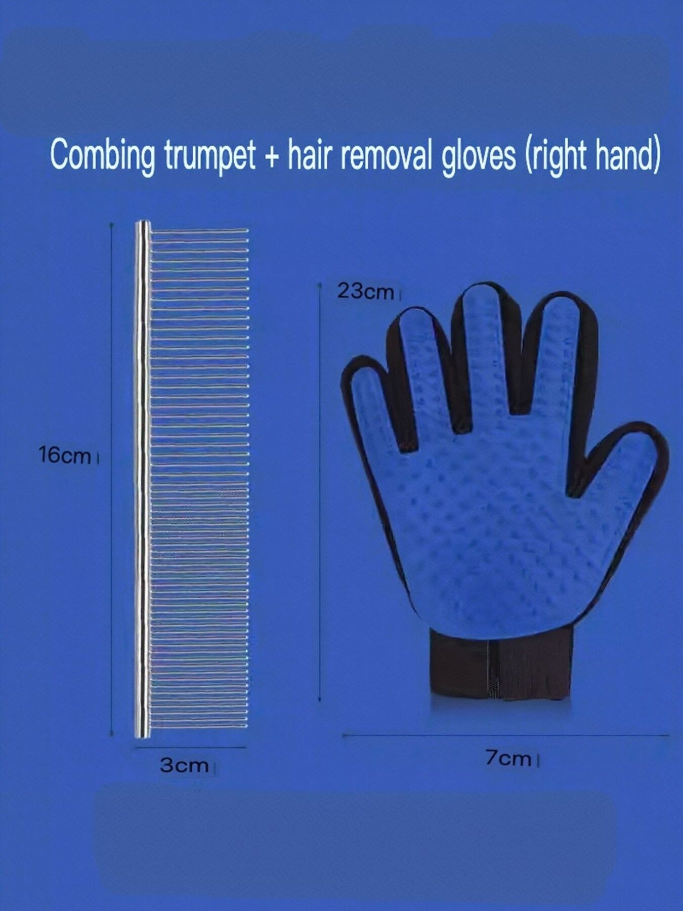 Combing trumpet with hair-removal gloves (right hand) and stainless steel comb