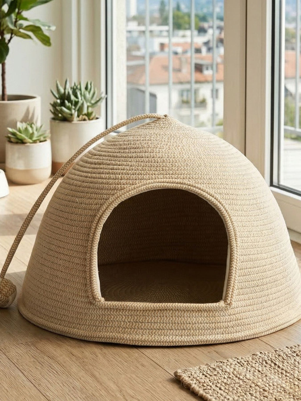 Cream rope dome pet nest with large rounded doorway, standing alone