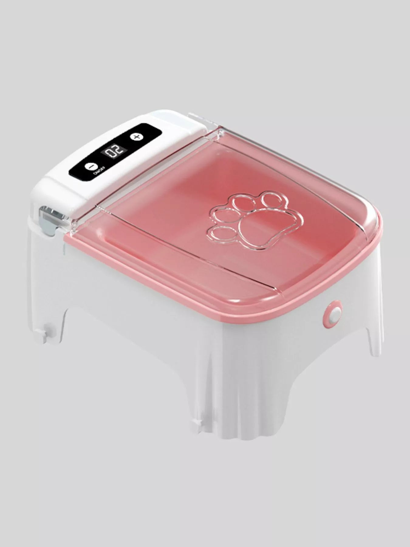 Automatic pet feeder with elevated bowl, dusty pink lid and paw print control panel