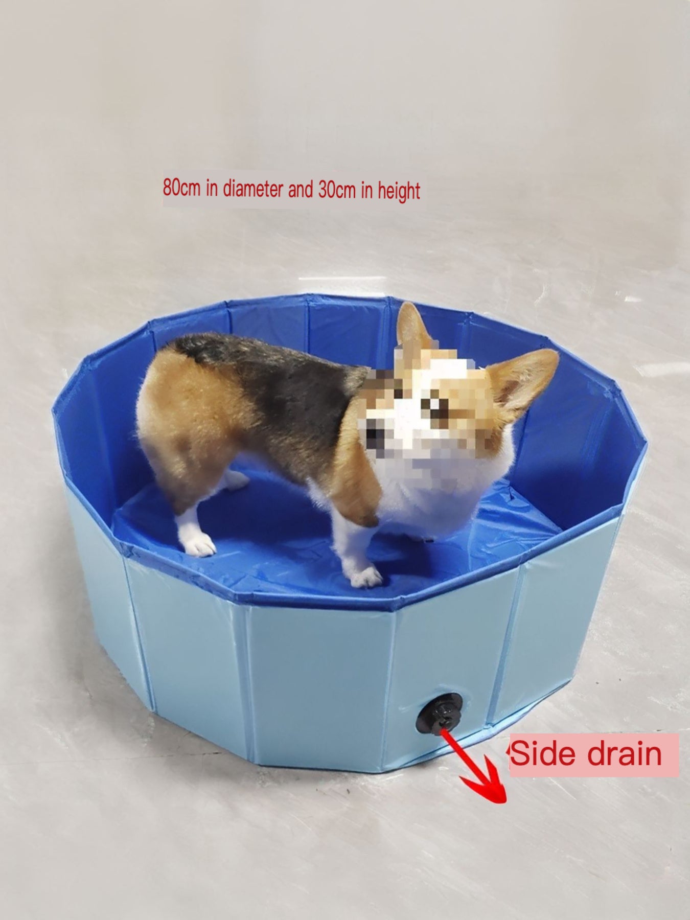 Trendsi foldable pet bath pool, blue; 80cm diameter x 30cm height; side drain