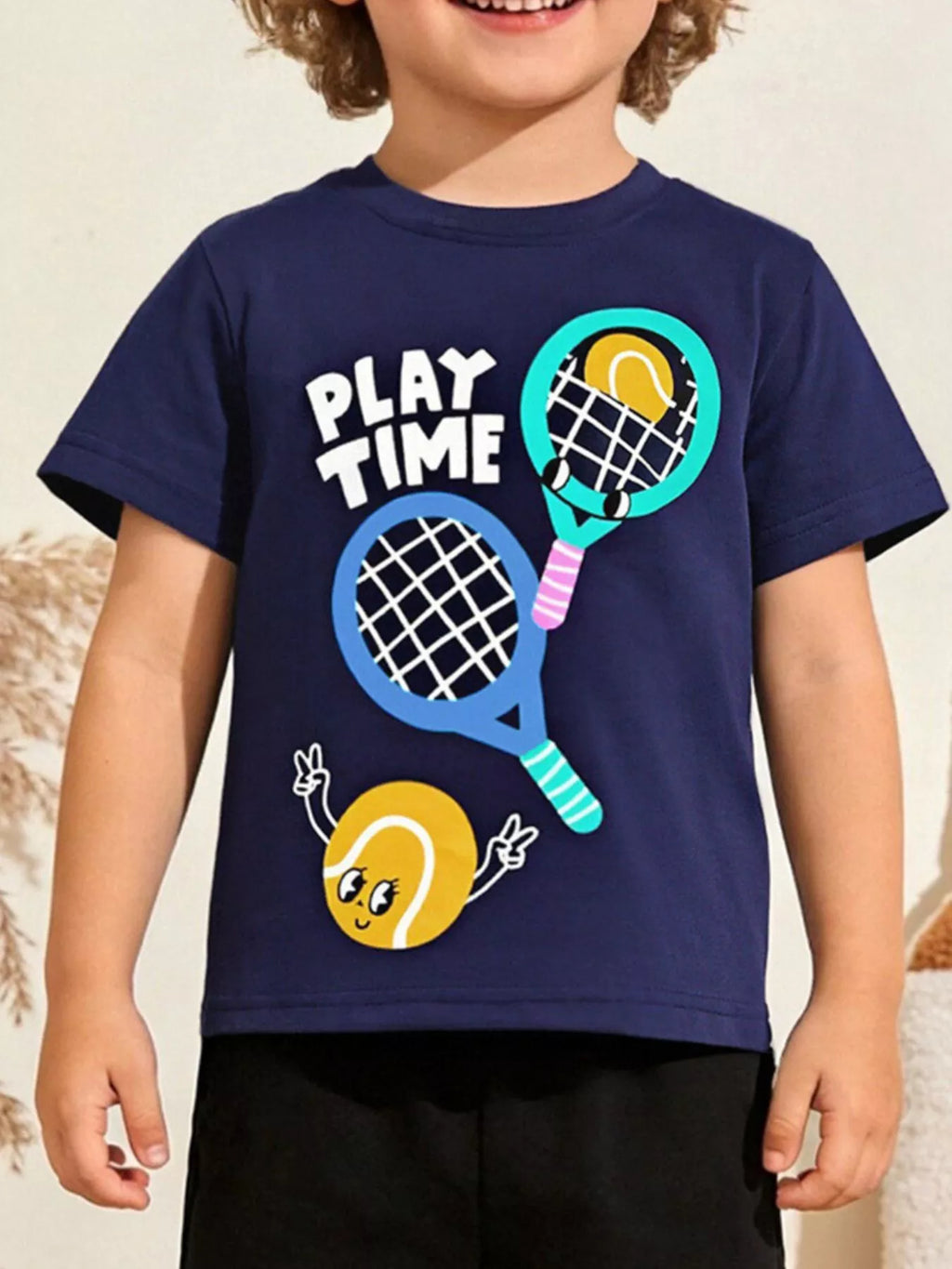 Dark navy kids crew-neck T-shirt with 'Play Time' tennis graphic
