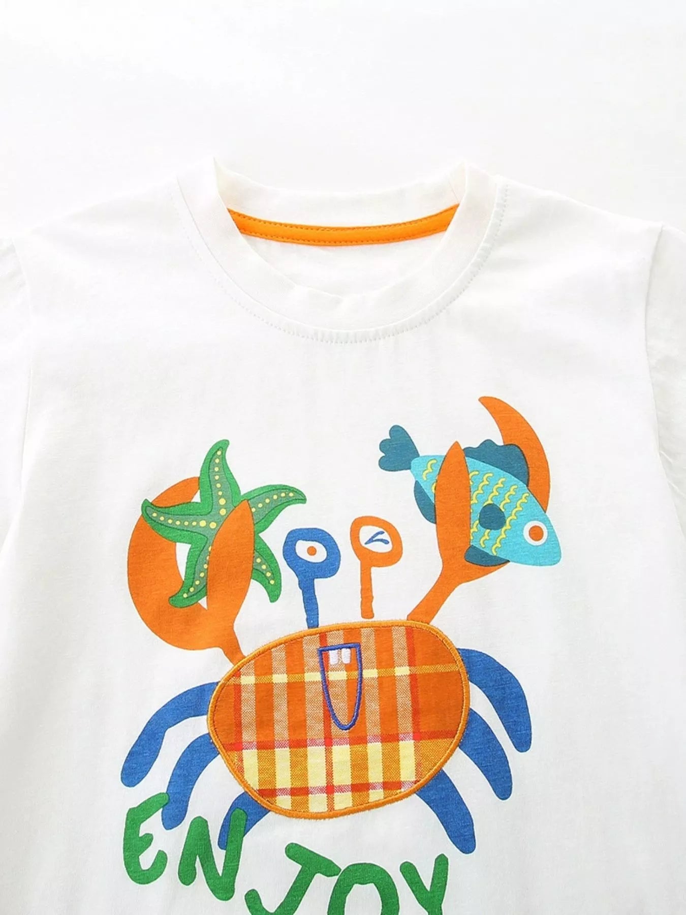 White tee close-up: colorful crab graphic over checkered bib, “ENJOY TODAY” text
