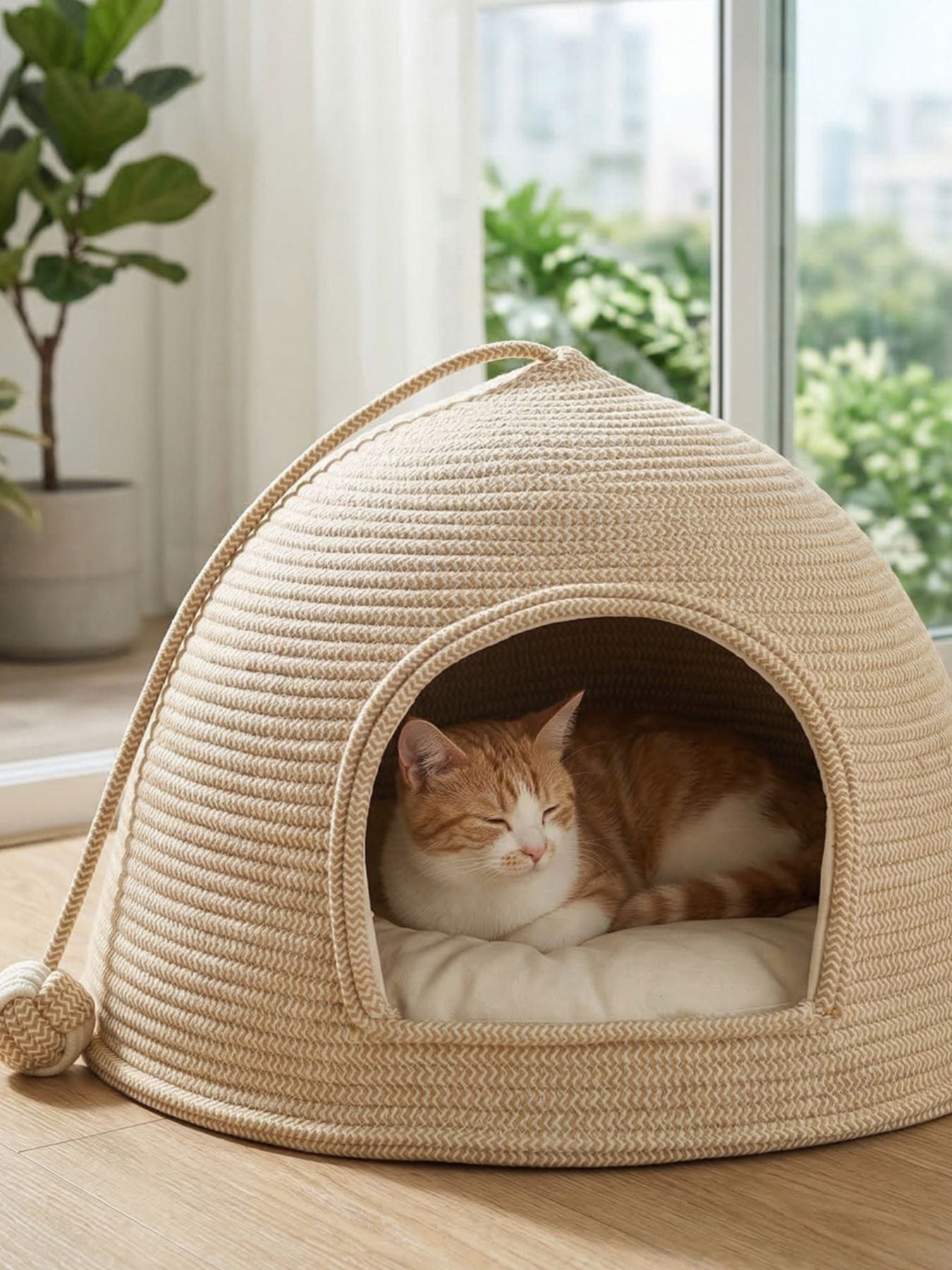 Cream rope dome pet nest with round front opening, cat resting inside