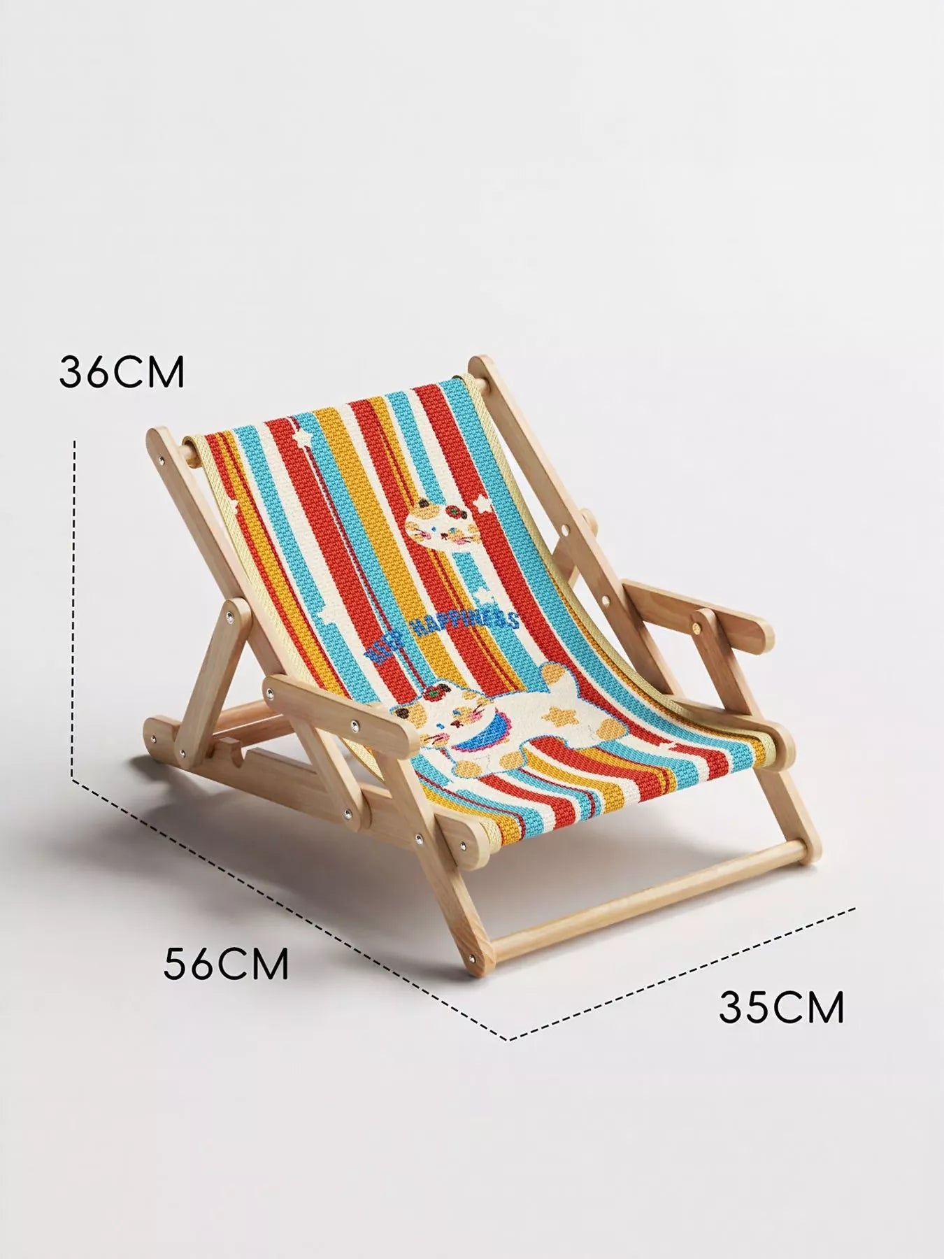 Wooden pet chair with striped puppy pattern cushion and colorful puppy graphic