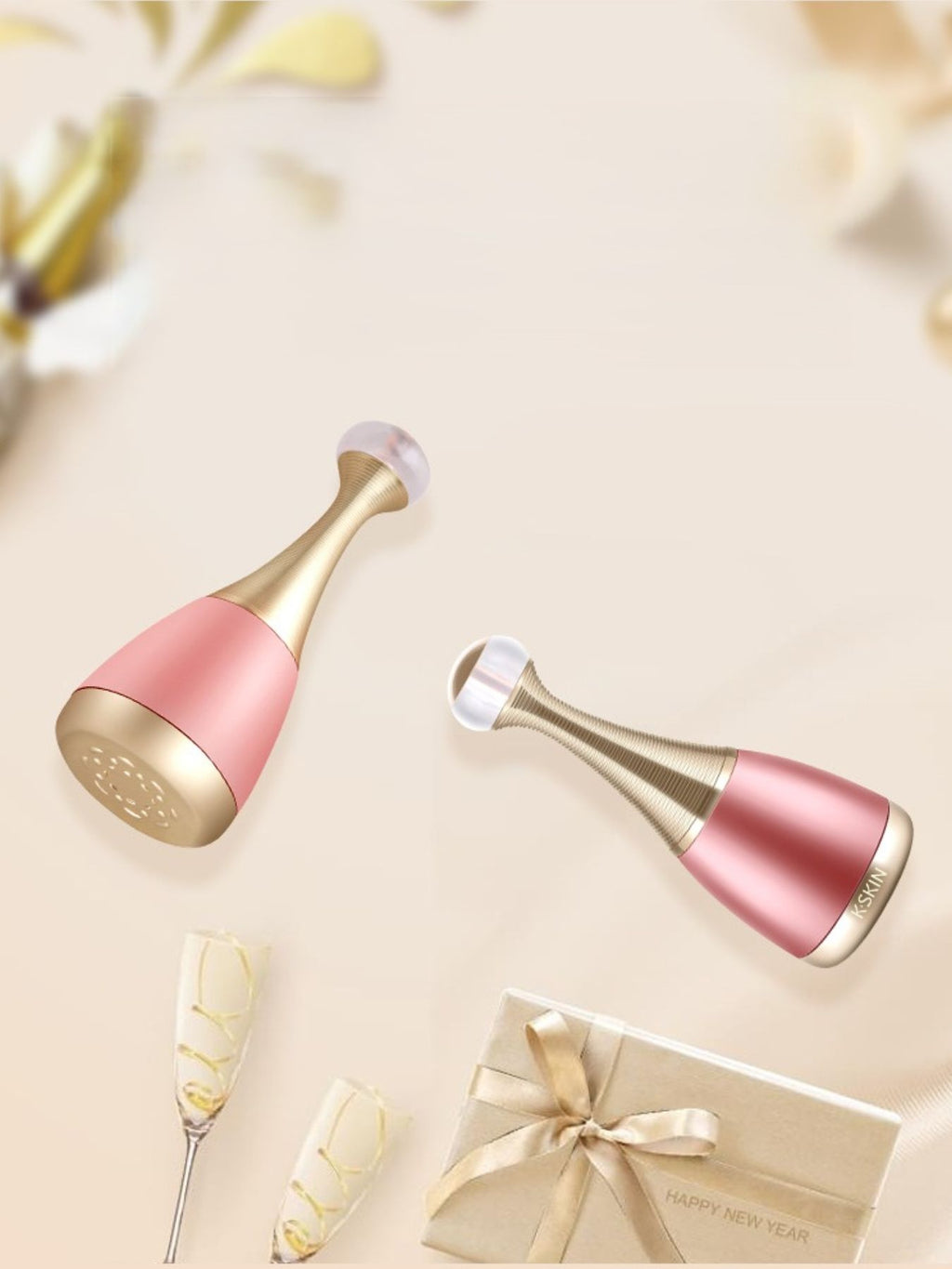 Blush pink facial steamer with gold attachments and gift box on display