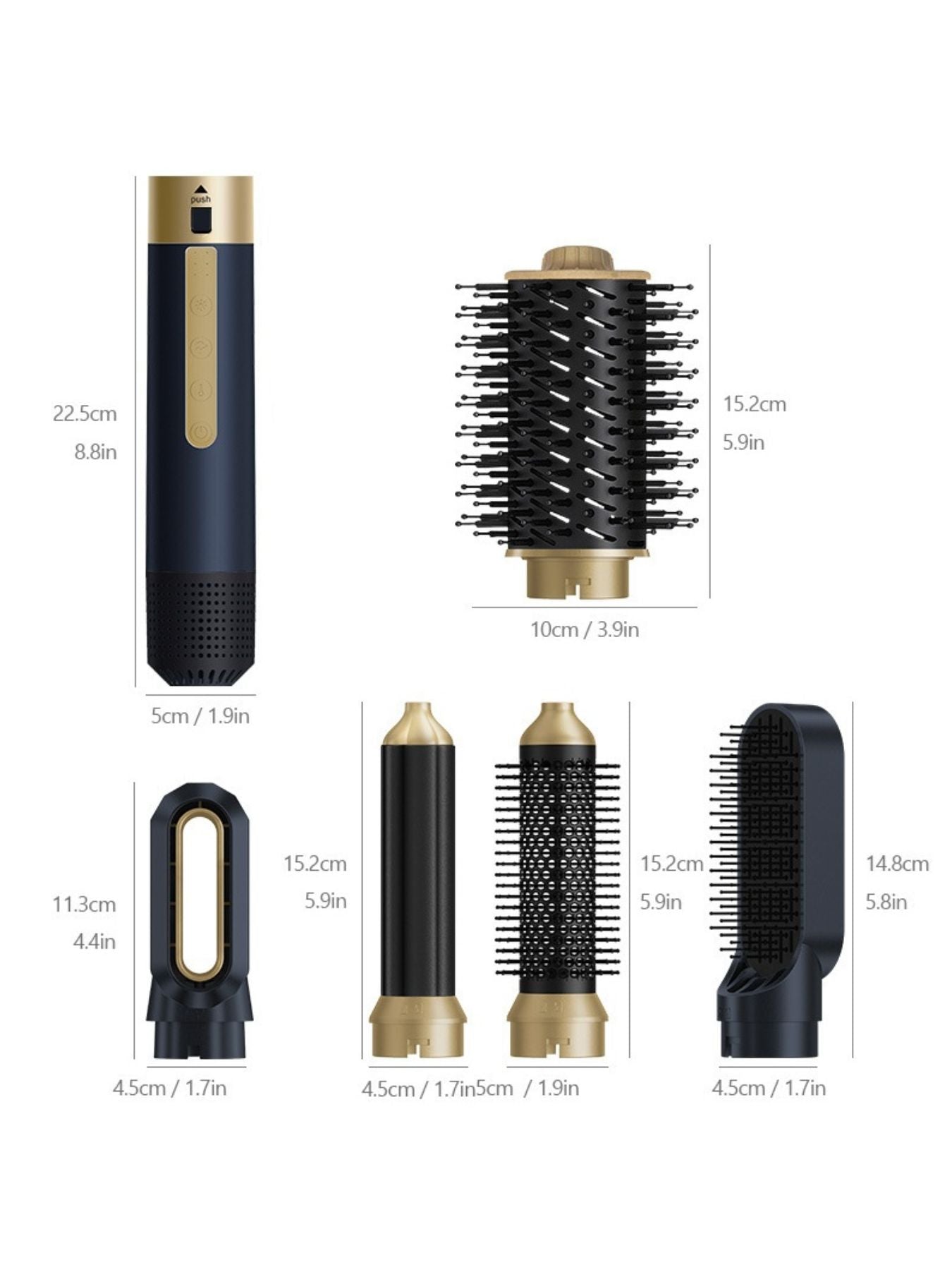 Navy hot air brush with 6 attachments and multiple brush head styles