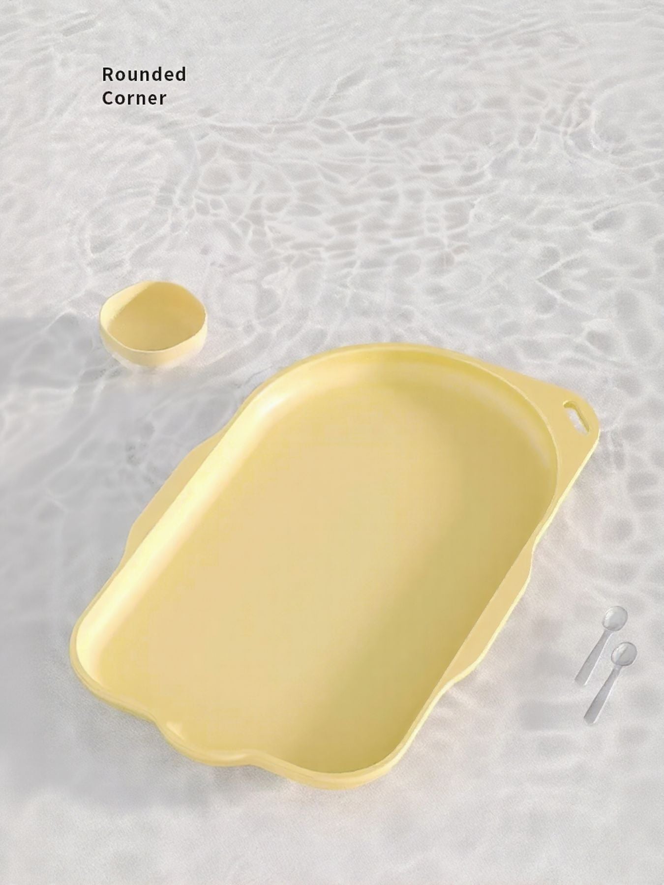 Pet food tray with rounded corner, pastel yellow, plus small bowl