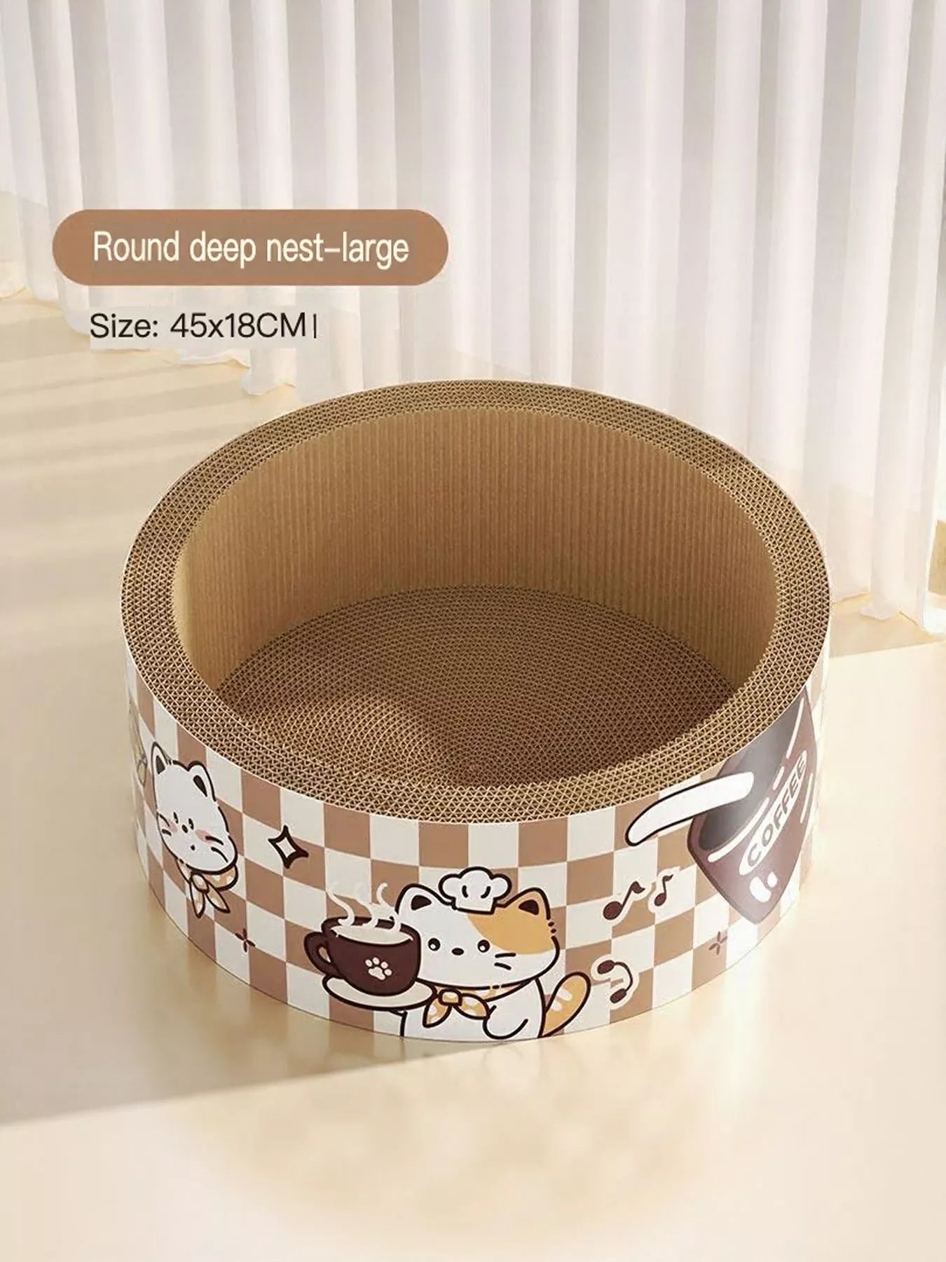 Round cat scratching lounge bed, deep nest large, size 45x18cm, cartoon print