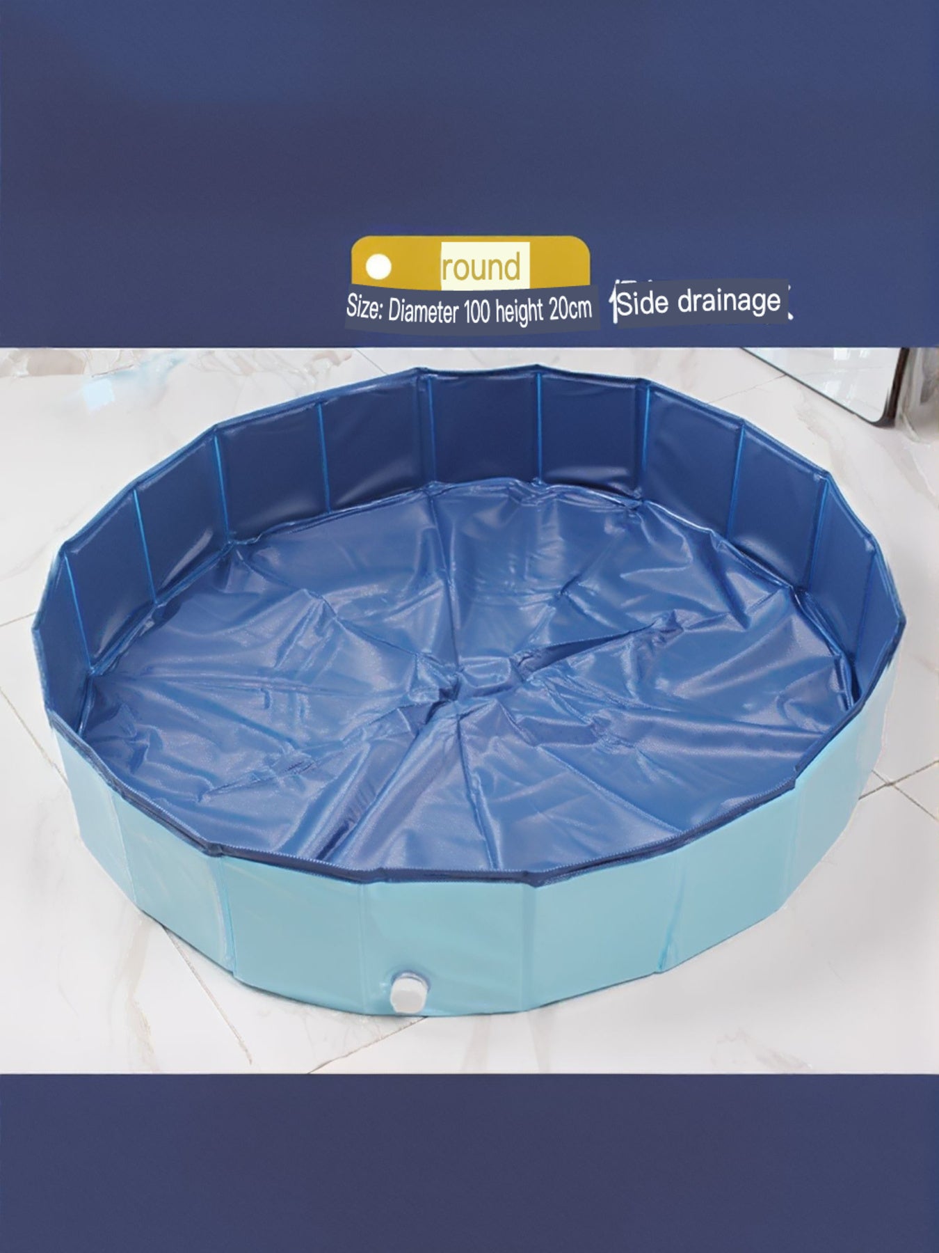 Round foldable pet bath pool, blue; 100cm diameter x 20cm height; side drainage