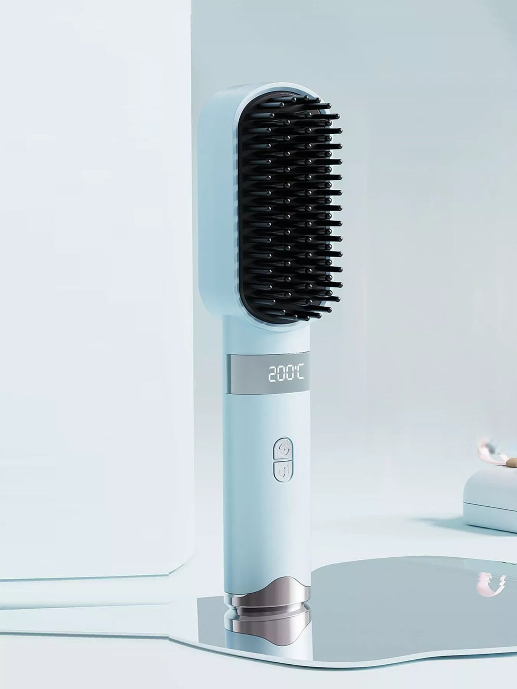 Light blue heated straightening comb with black bristles and LCD 200°C