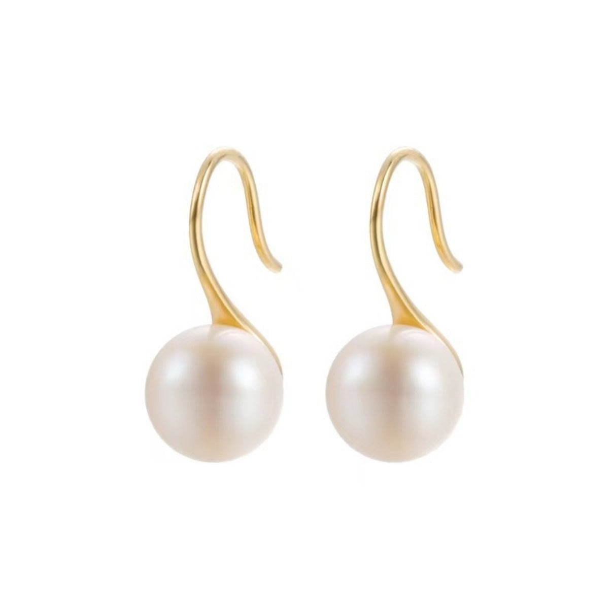 Gold-tone pearl drop earrings, smooth round white pearls on teardrop hooks