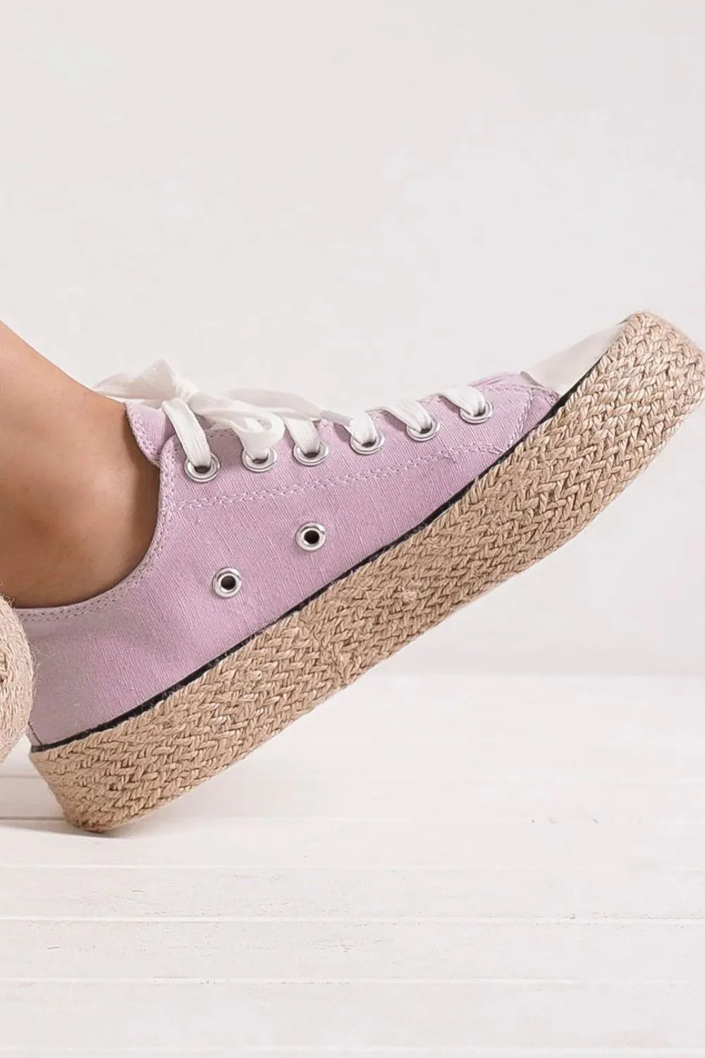 Lilac lace-up espadrille sneakers, jute platform sole, eyelets