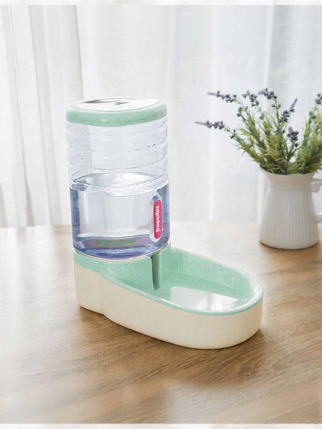 Mint green automatic pet water dispenser set with clear jug and drinking channel