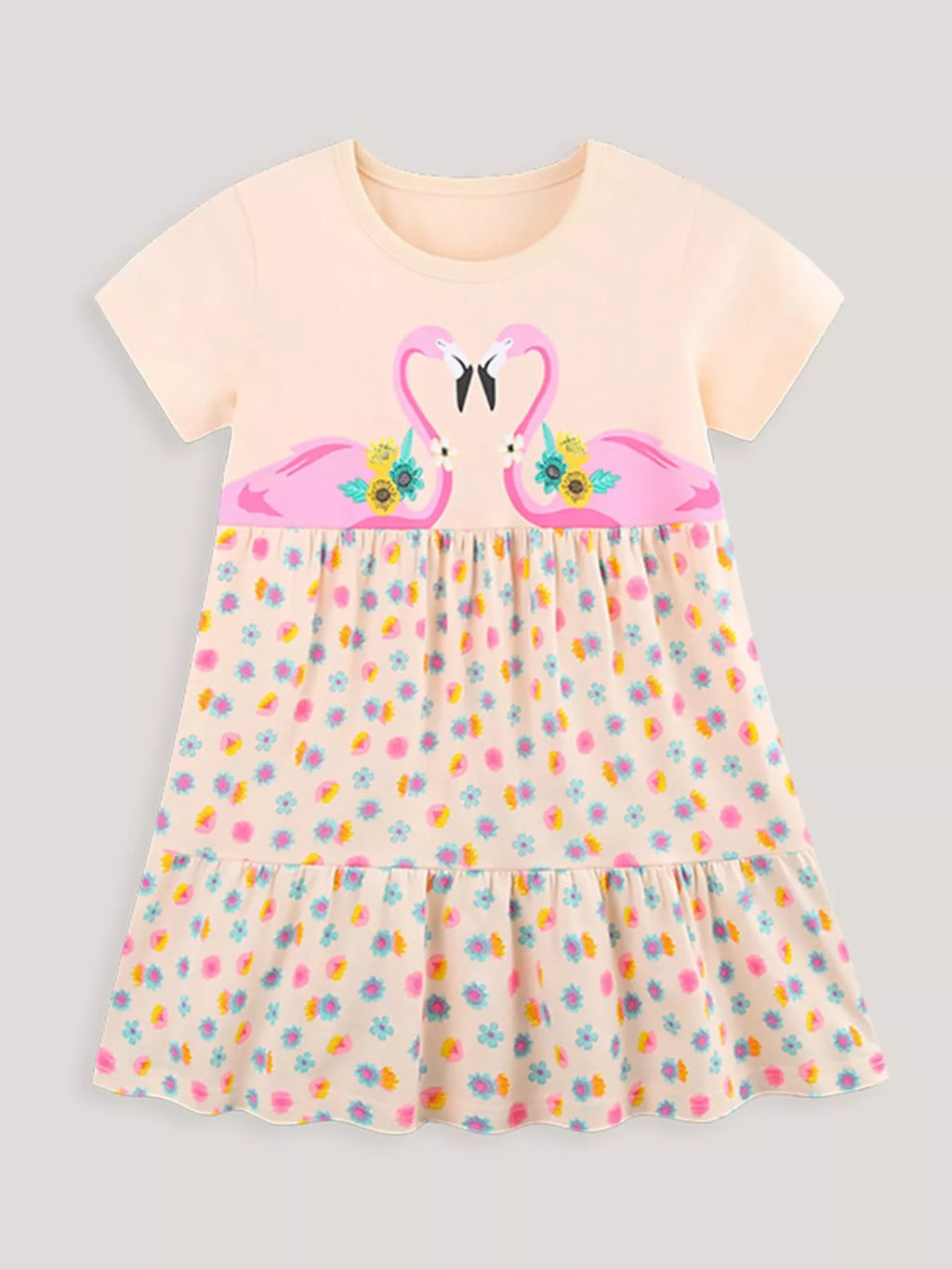 Eggshell tiered dress with flamingo graphic and multicolor flower pattern