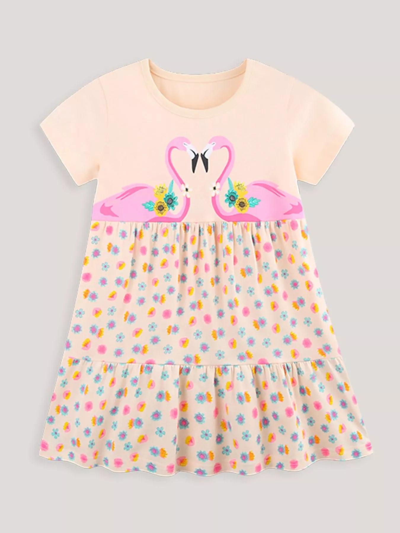 Eggshell tiered dress with flamingo graphic and multicolor flower pattern