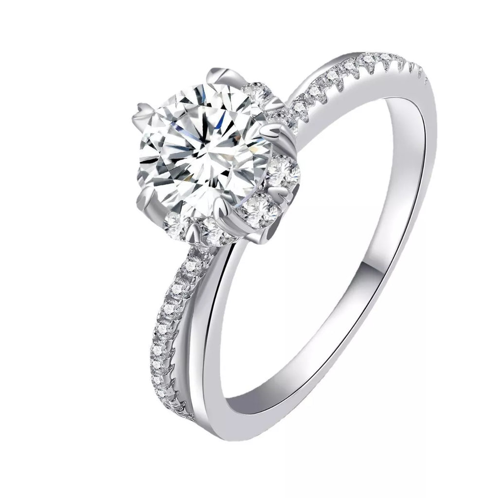 Sterling silver moissanite ring, round center stone with halo and pavé accents