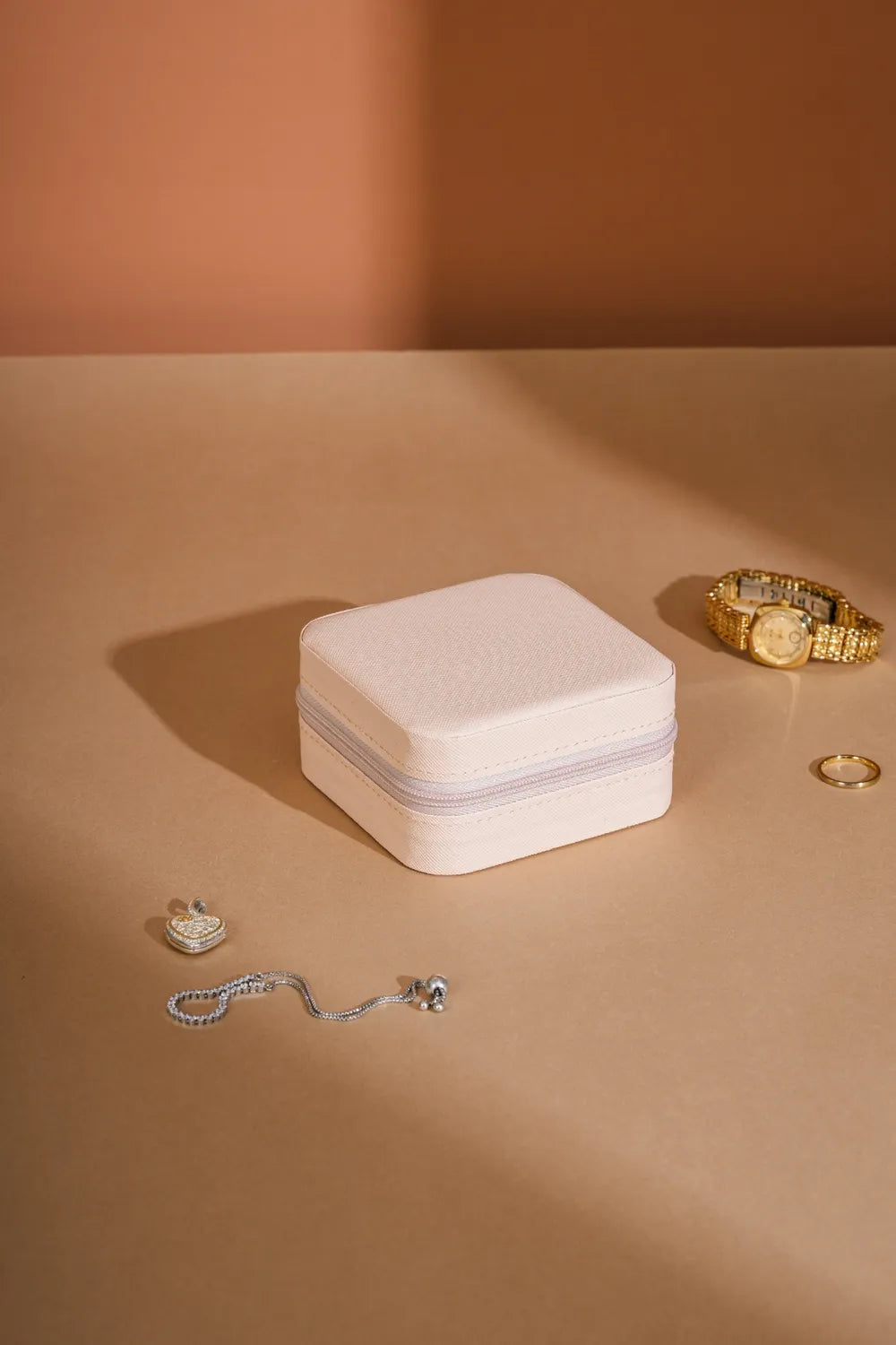 White PU leather square jewelry box with zip lid and soft textured top