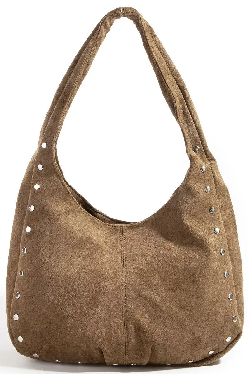 Faux suede hobo bag, medium brown with silver studded trim and bucket shape