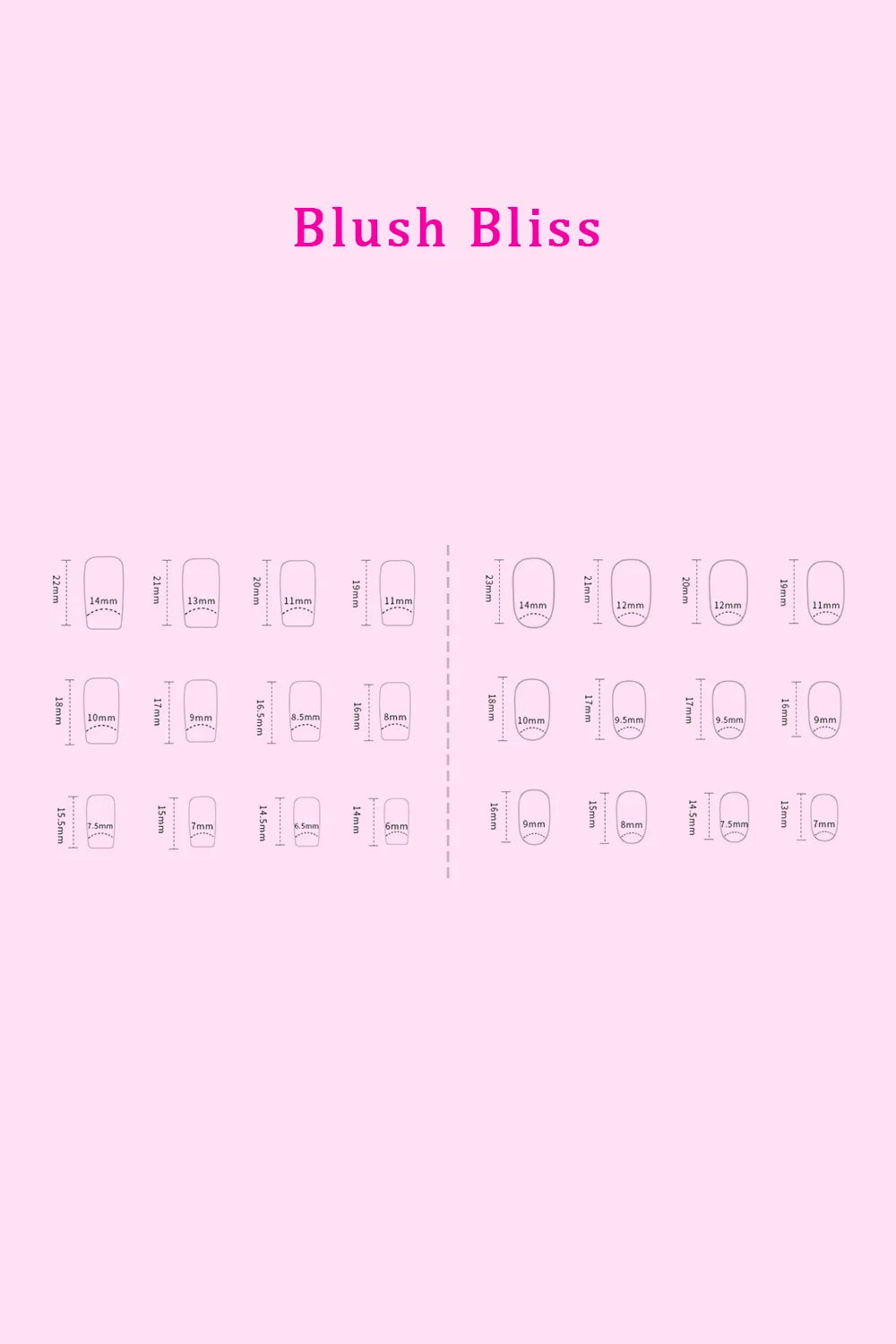 Blush Bliss press on nails size chart with multiple nail shapes and lengths