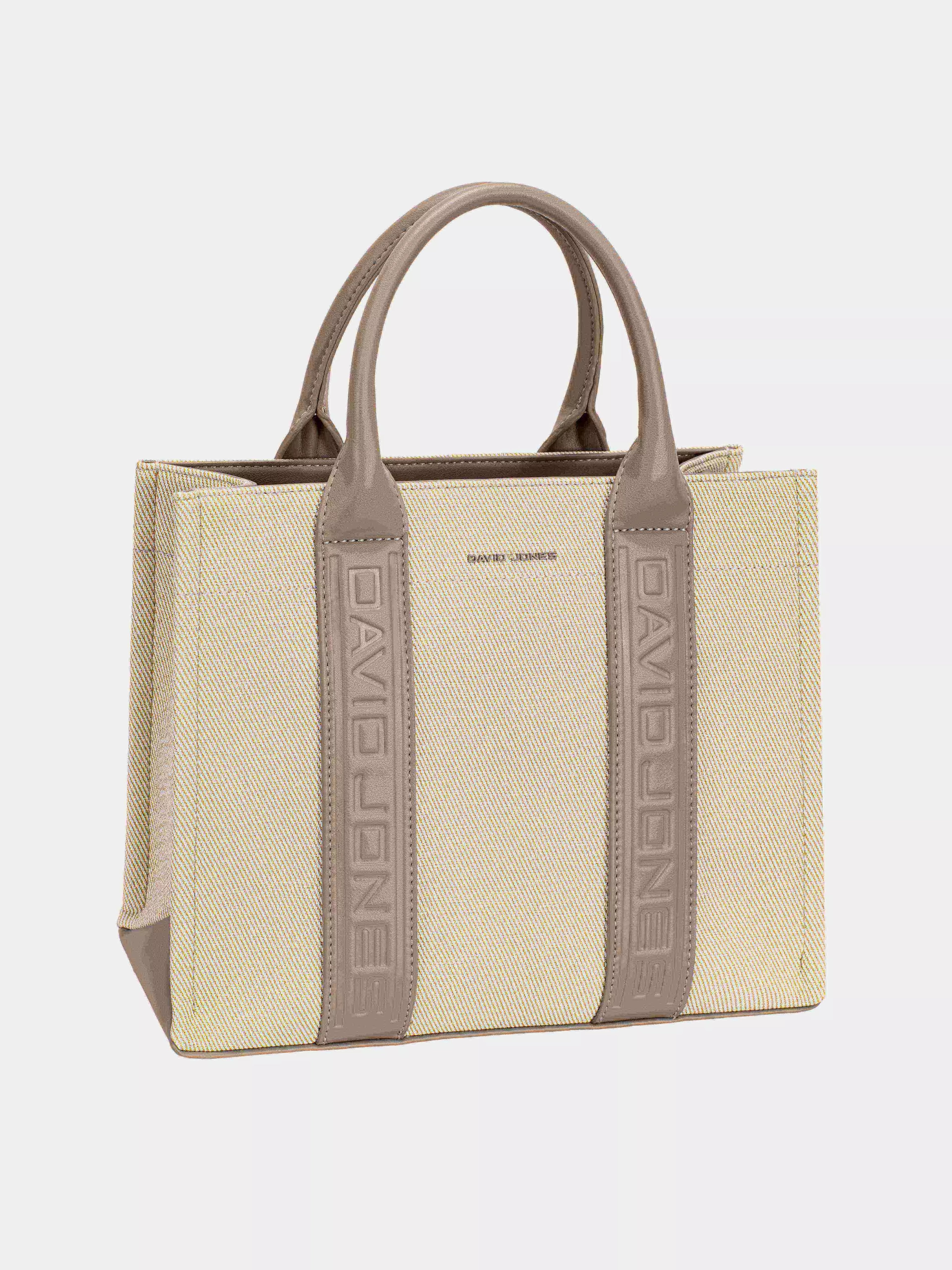 David Jones oatmeal beige canvas tote with contrast leather handles and embossed logo panels