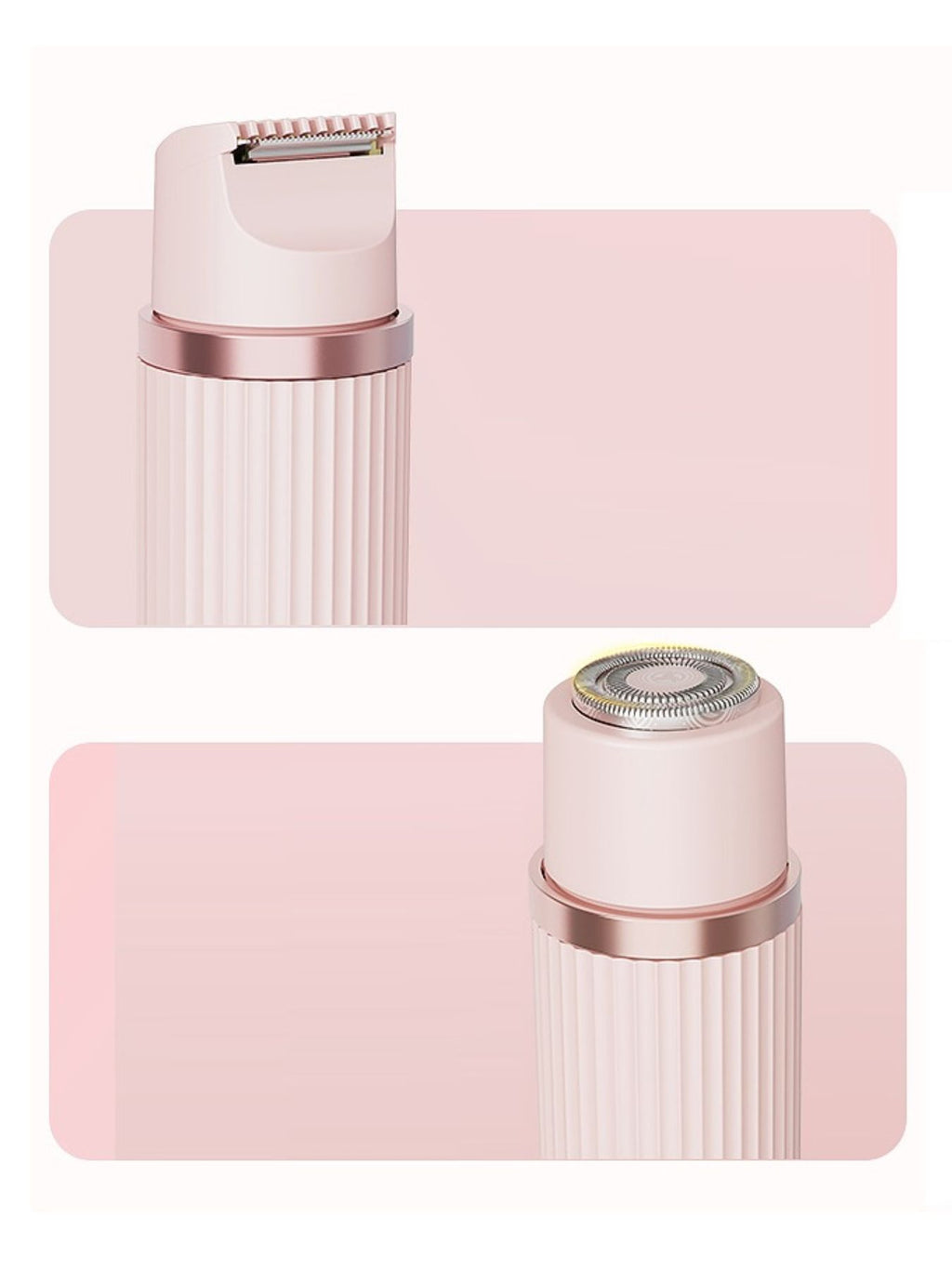 Blush pink epilator close-ups showing the rotating shaver head and ridged body