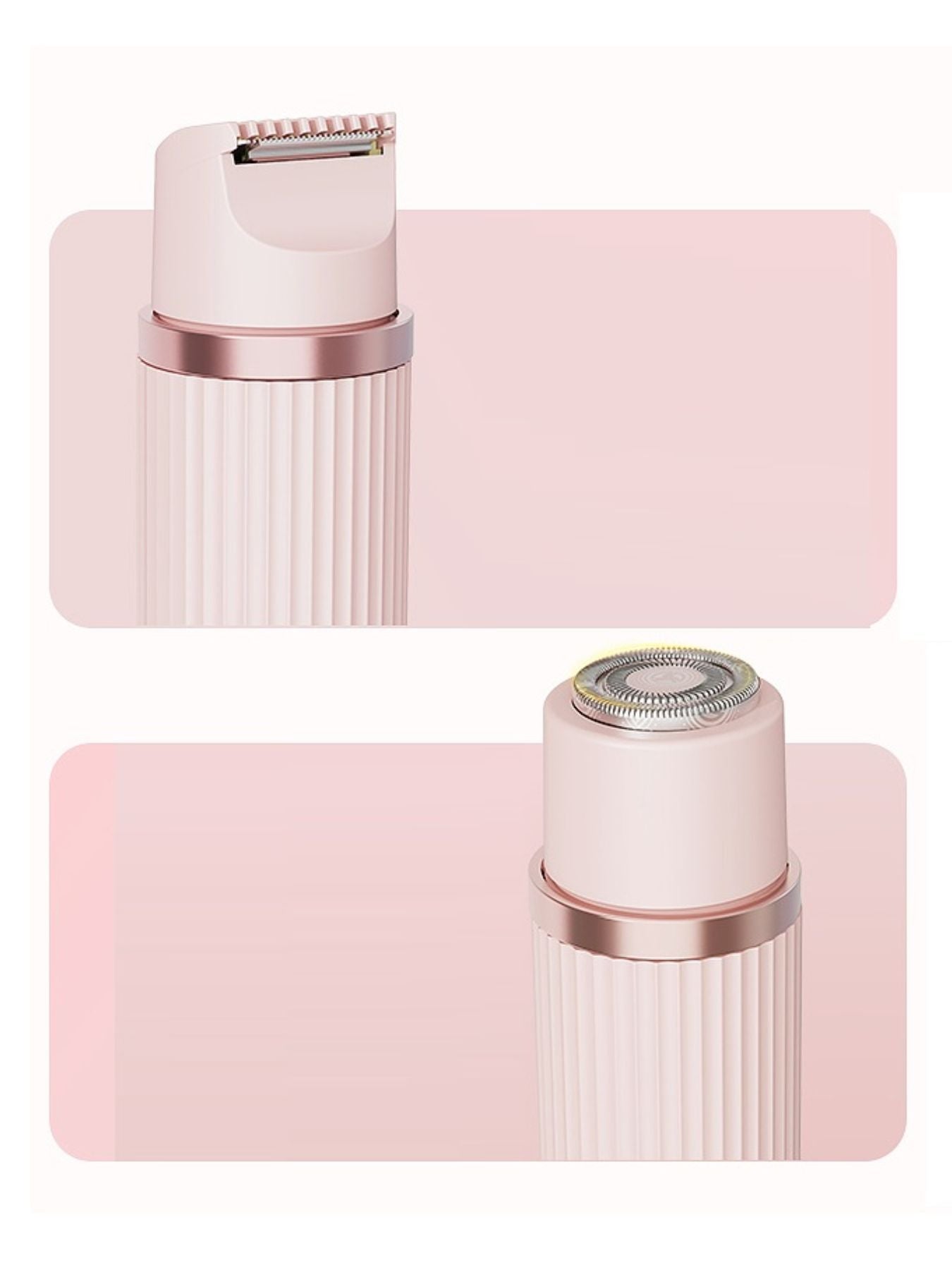 Blush pink epilator close-ups showing the rotating shaver head and ridged body
