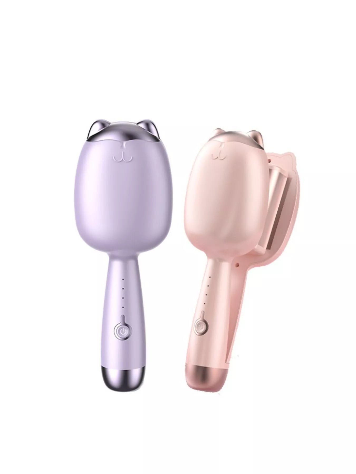 Lilac and Pale Blush cat-shaped heated curling irons, side-by-side with open holder.