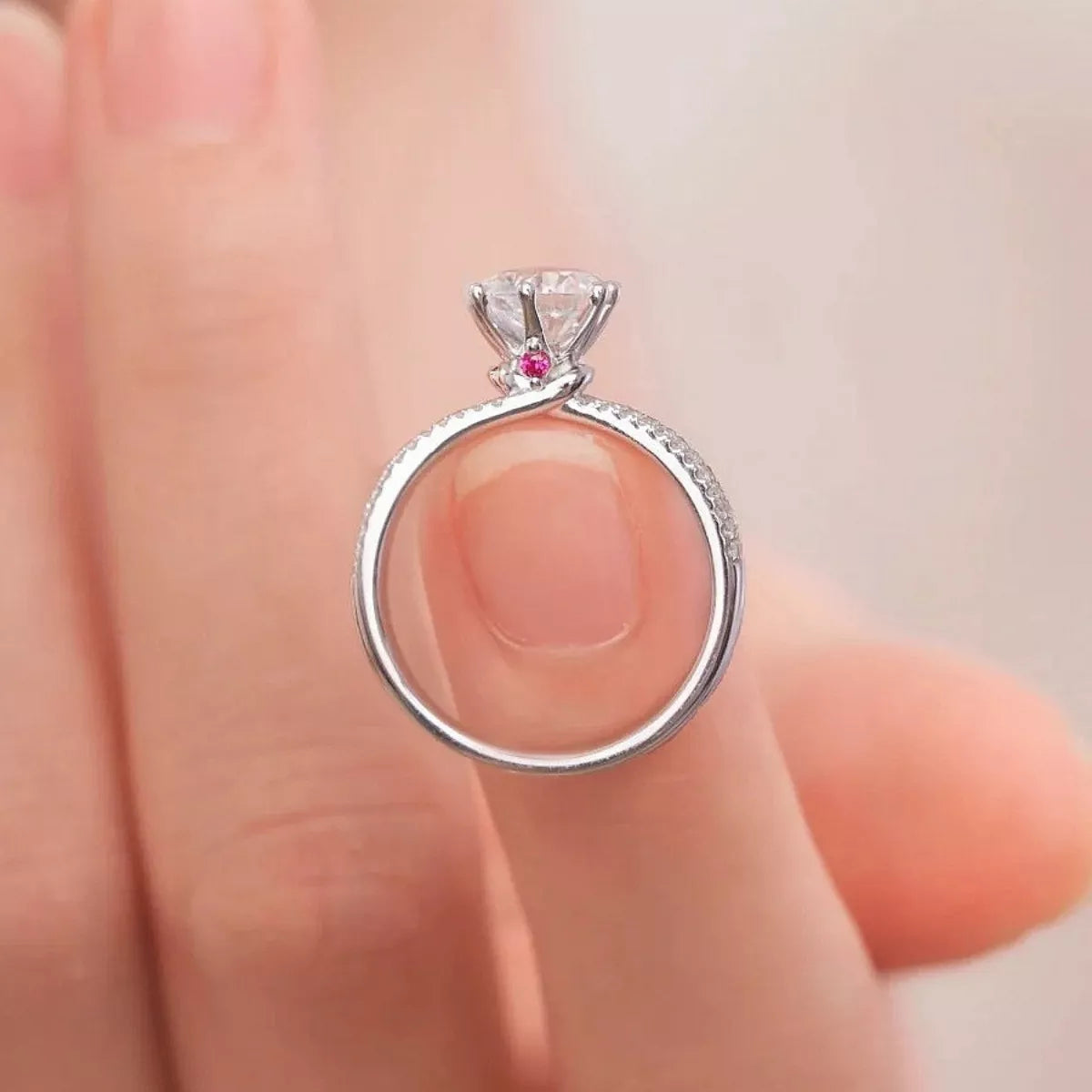 925 sterling silver moissanite ring with large oval center stone and red side gem