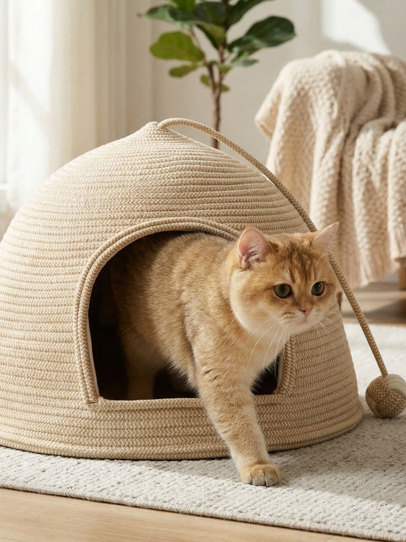 Cream rope dome pet nest with mat and cat sitting at the entrance