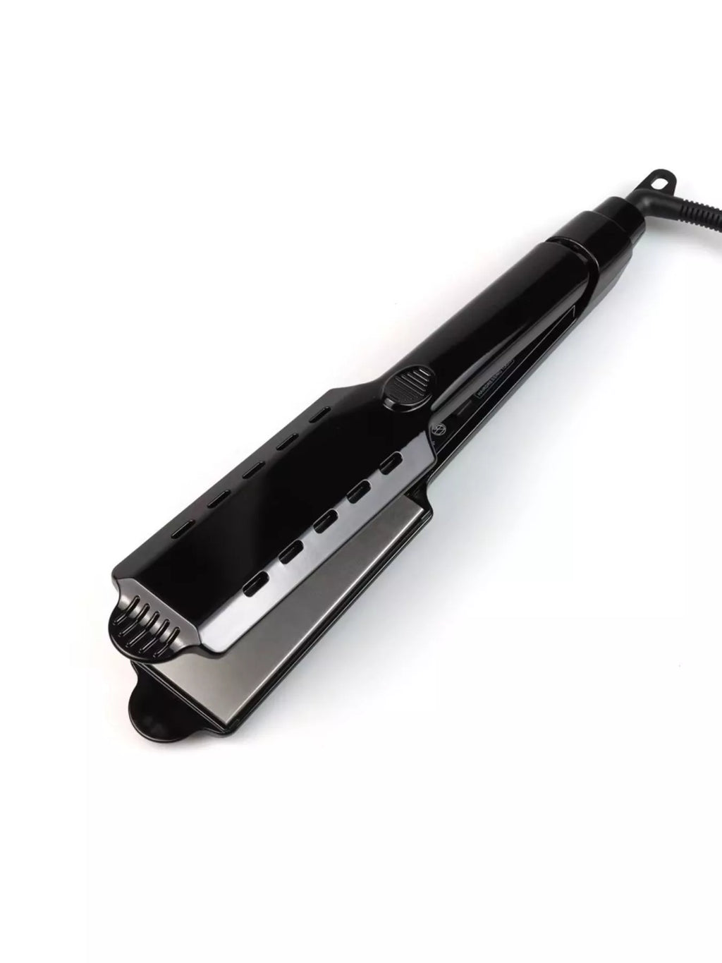 Black hair straightener with vented top plate, heating surface and cord