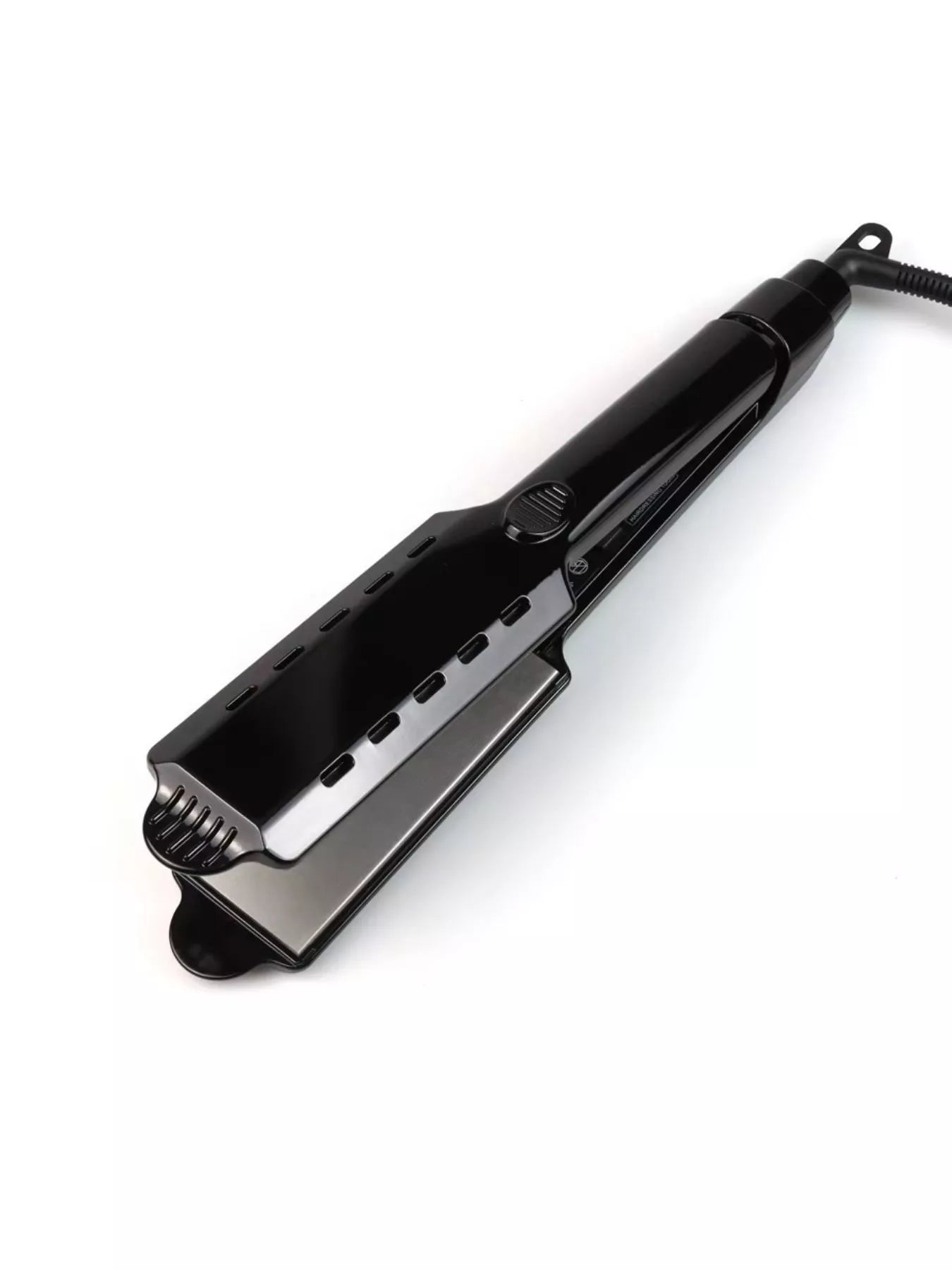 Black hair straightener with vented top plate, heating surface and cord
